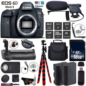 Canon EOS 6D Mark II DSLR Camera Body Only + Professional Battery Grip + Condenser Microphone + Extra Battery + Case Base Bundle Canon