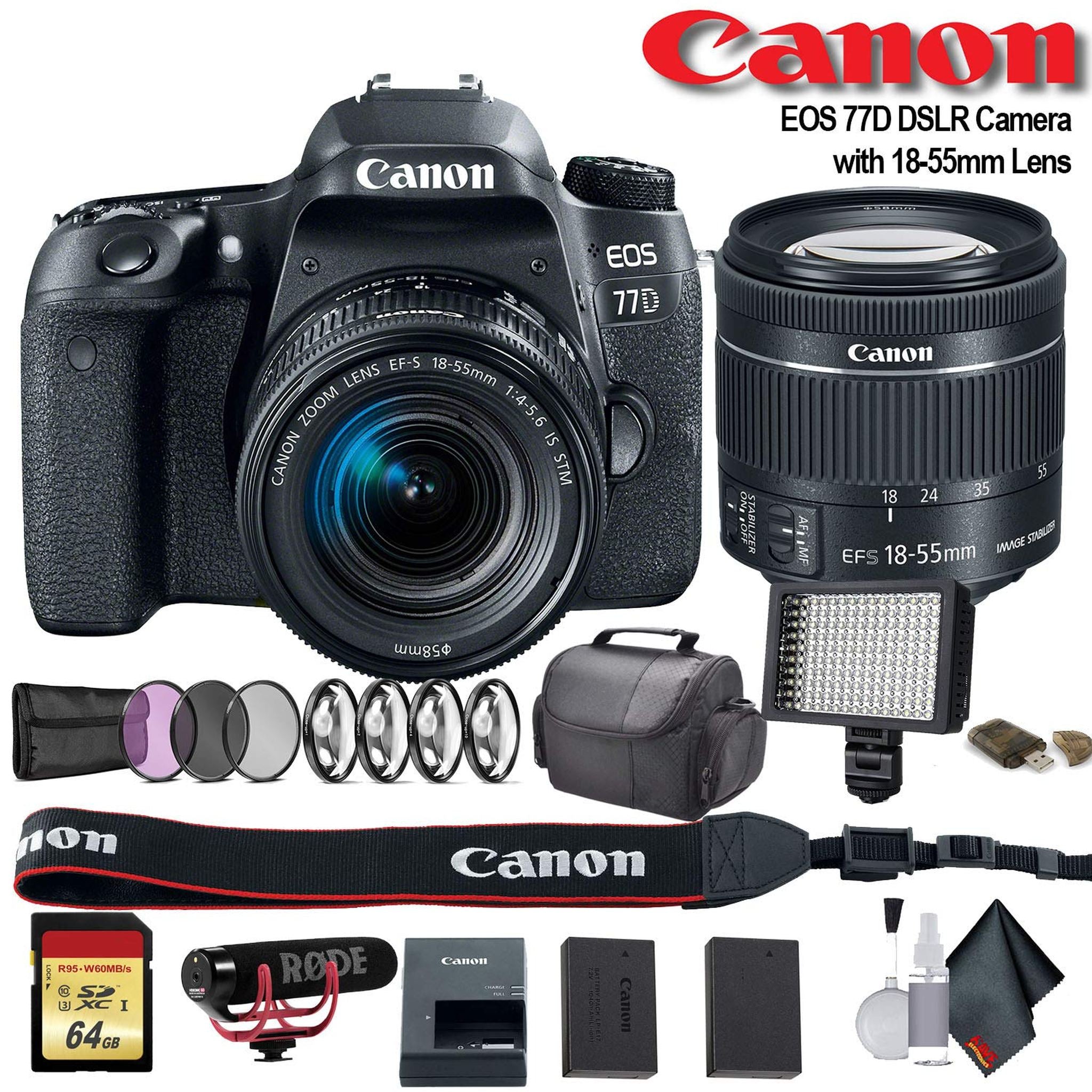 Canon EOS 77D DSLR Camera with 18-55mm Lens International Model 1892C016 W/Bag, Extra Battery, LED Light, Mic, Filte Canon