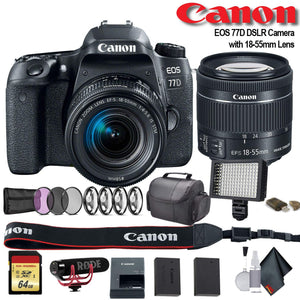 Canon EOS 77D DSLR Camera with 18-55mm Lens International Model 1892C016 W/Bag, Extra Battery, LED Light, Mic, Filte Canon