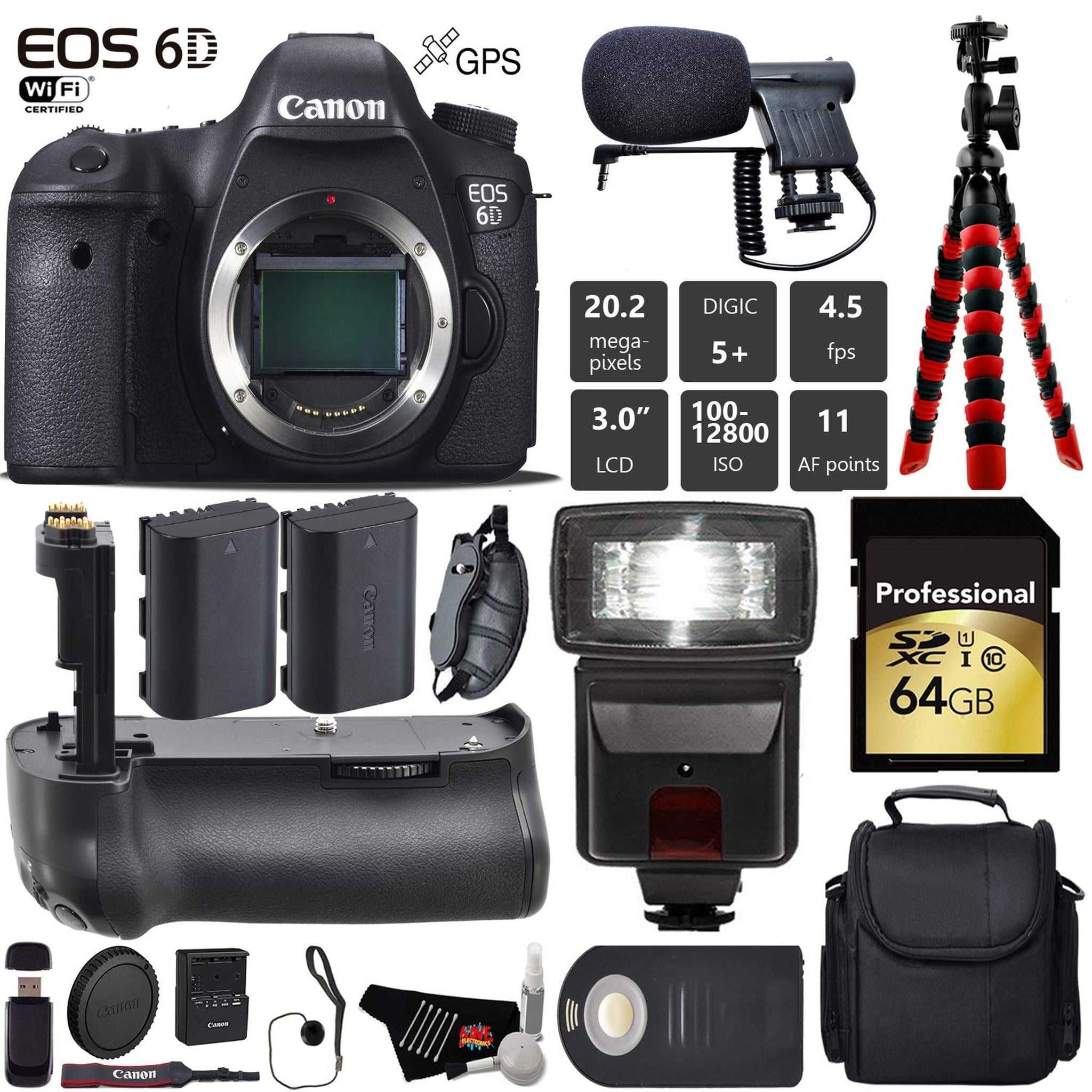 Canon EOS 6D DSLR Camera Body Only + Professional Battery Grip + Condenser Microphone + Flash + Extra Battery + Case + Canon