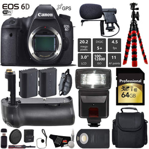 Canon EOS 6D DSLR Camera Body Only + Professional Battery Grip + Condenser Microphone + Flash + Extra Battery + Case + Canon