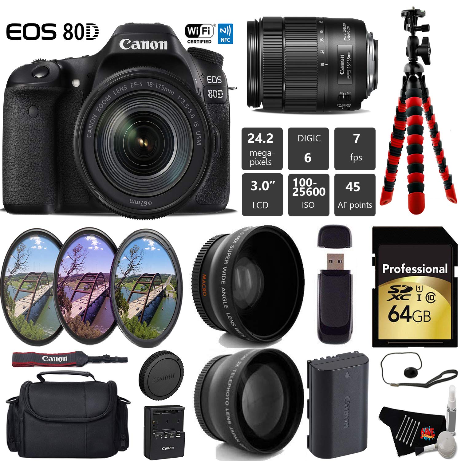 Canon EOS 80D DSLR Camera with 18-135mm is STM Lens + UV FLD CPL Filter Kit + Wide Angle & Telephoto Lens + Camera Case Pro Bundle