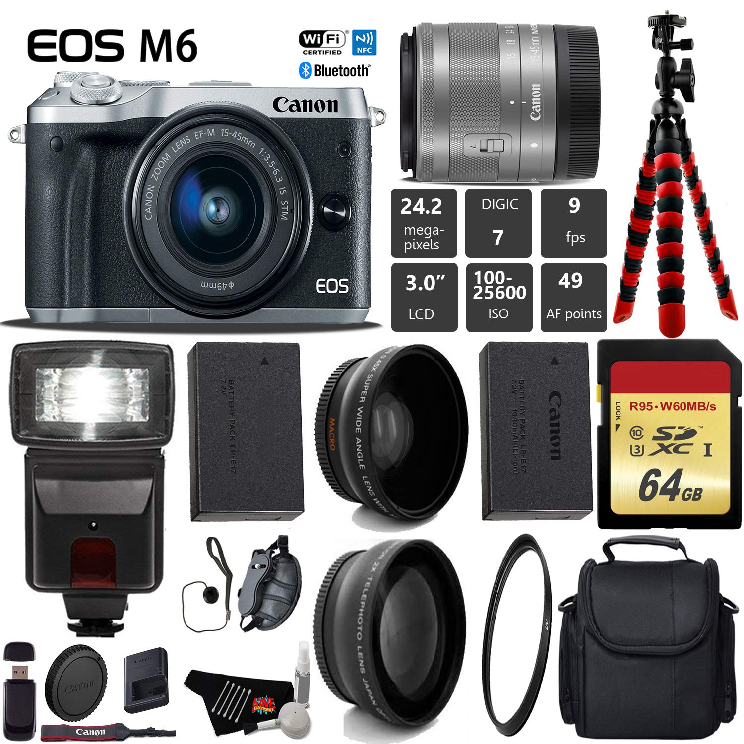 Canon EOS M6 Mirrorless Digital Camera Silver with EF-M 15-45mm IS STM Lens + Flash + UV FLD CPL Filter Kit + Wide Ang