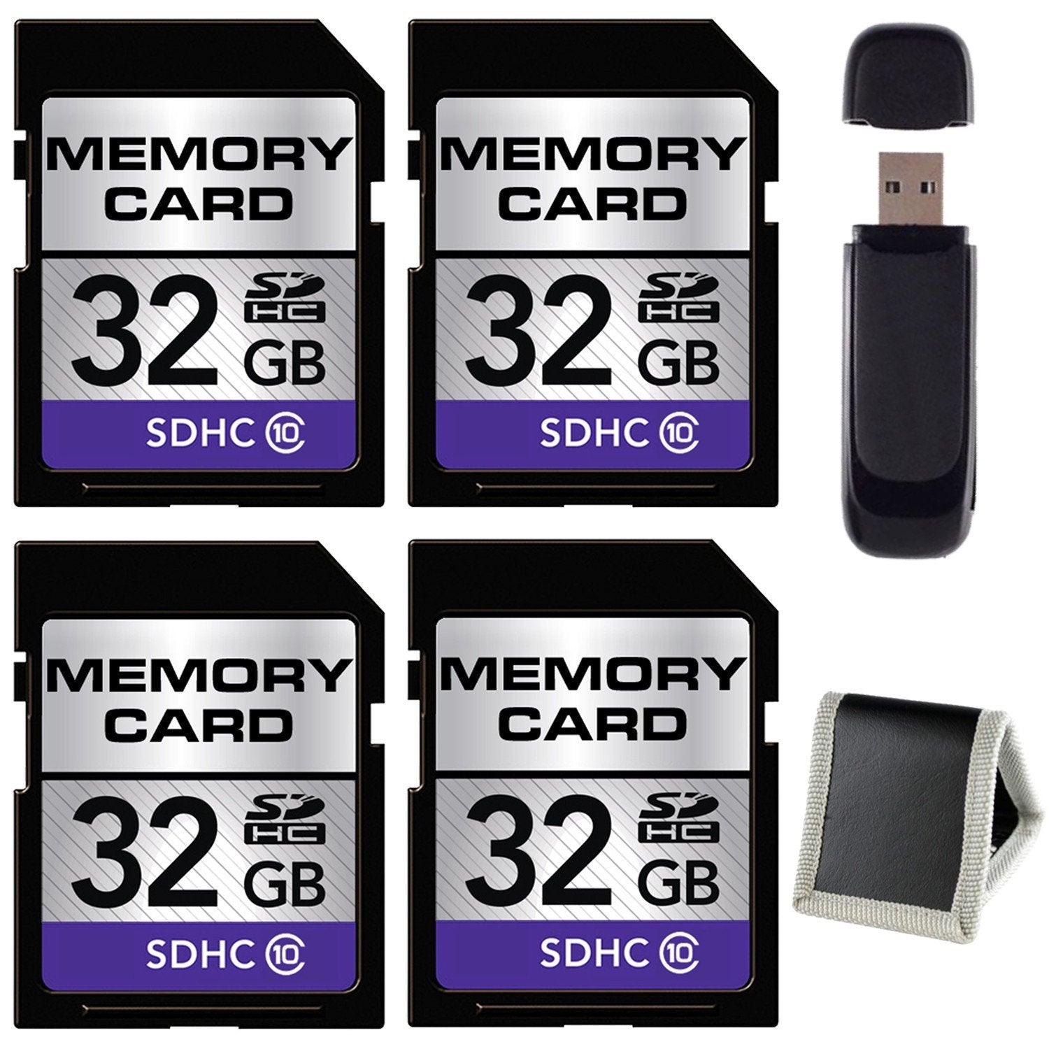 32GB SDHC Class 10 Memory Card 4-Pack + SD Card USB Reader + Memory Card Wallet Bundle