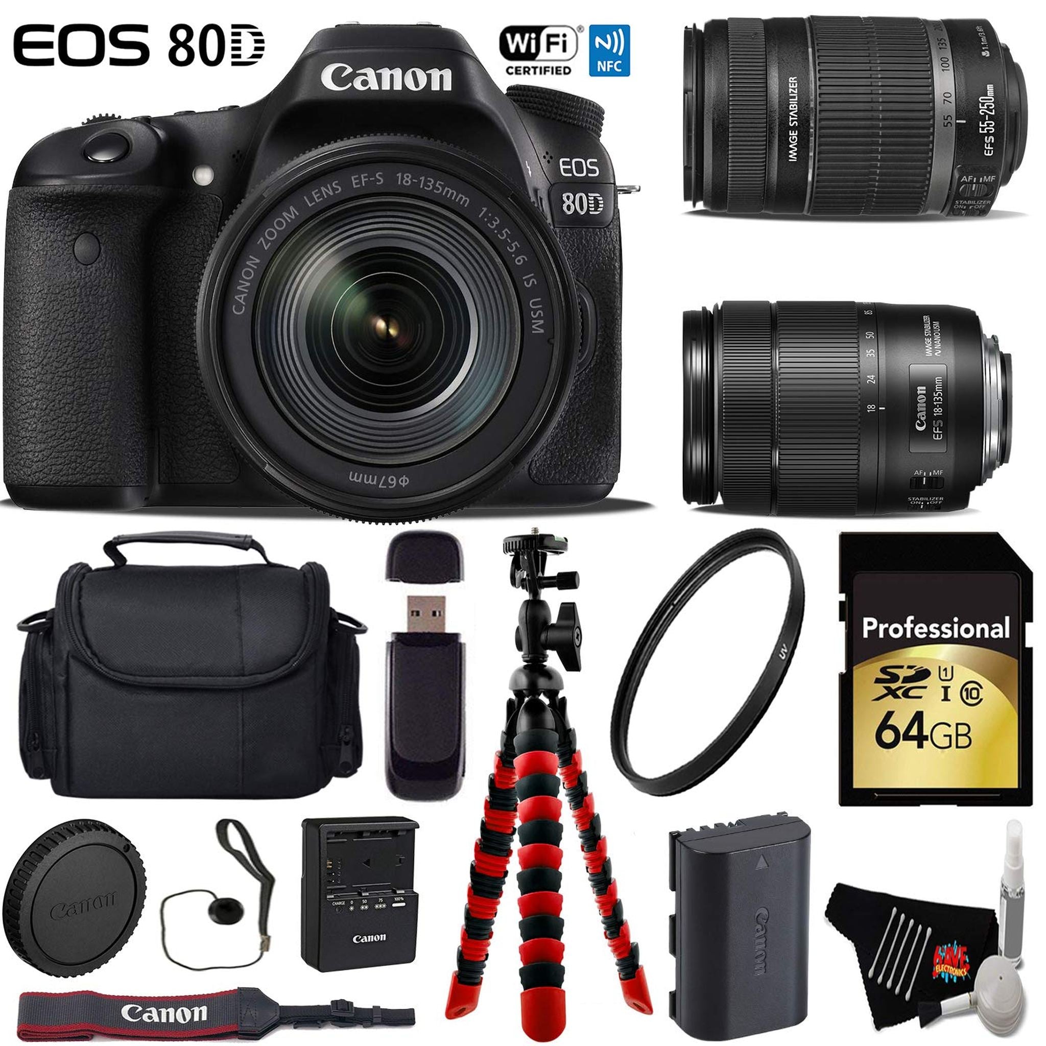 Canon EOS 80D DSLR Camera with 18-135mm is STM Lens & 55-250mm is II Lens + Flexible Tripod + UV Protection Filter + Pro Canon
