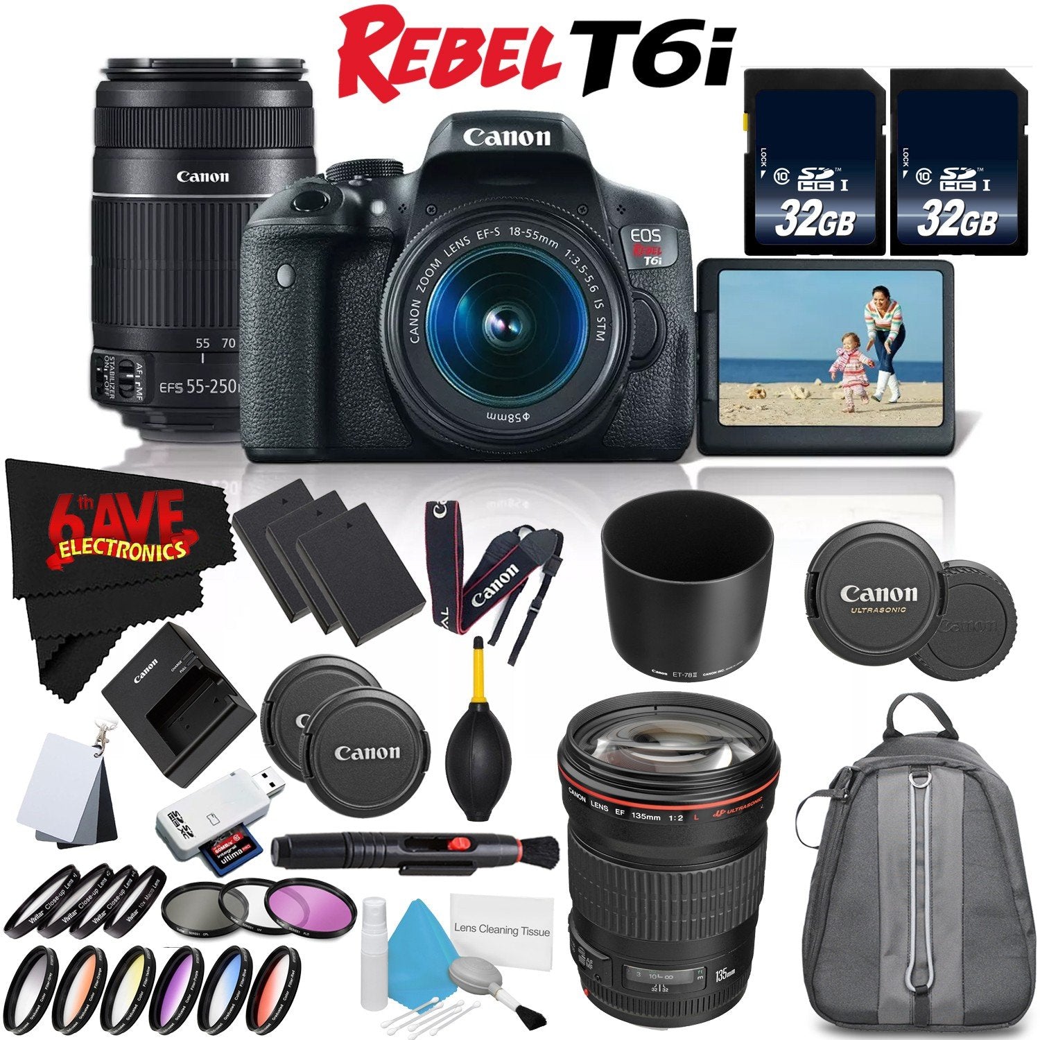 6Ave Canon EOS Rebel T6i DSLR Camera 18-55mm Lens, 55-250mm Lens 135mm - 3 Lens Combo International Version