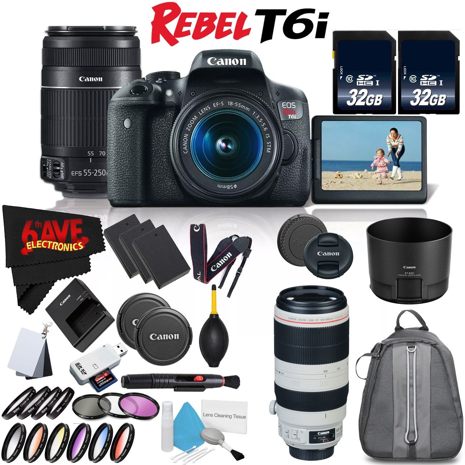 6Ave Canon EOS Rebel T6i DSLR Camera with 18-55mm Lens, 55-250mm Lens and 100-400mm - 3 Lens Combo