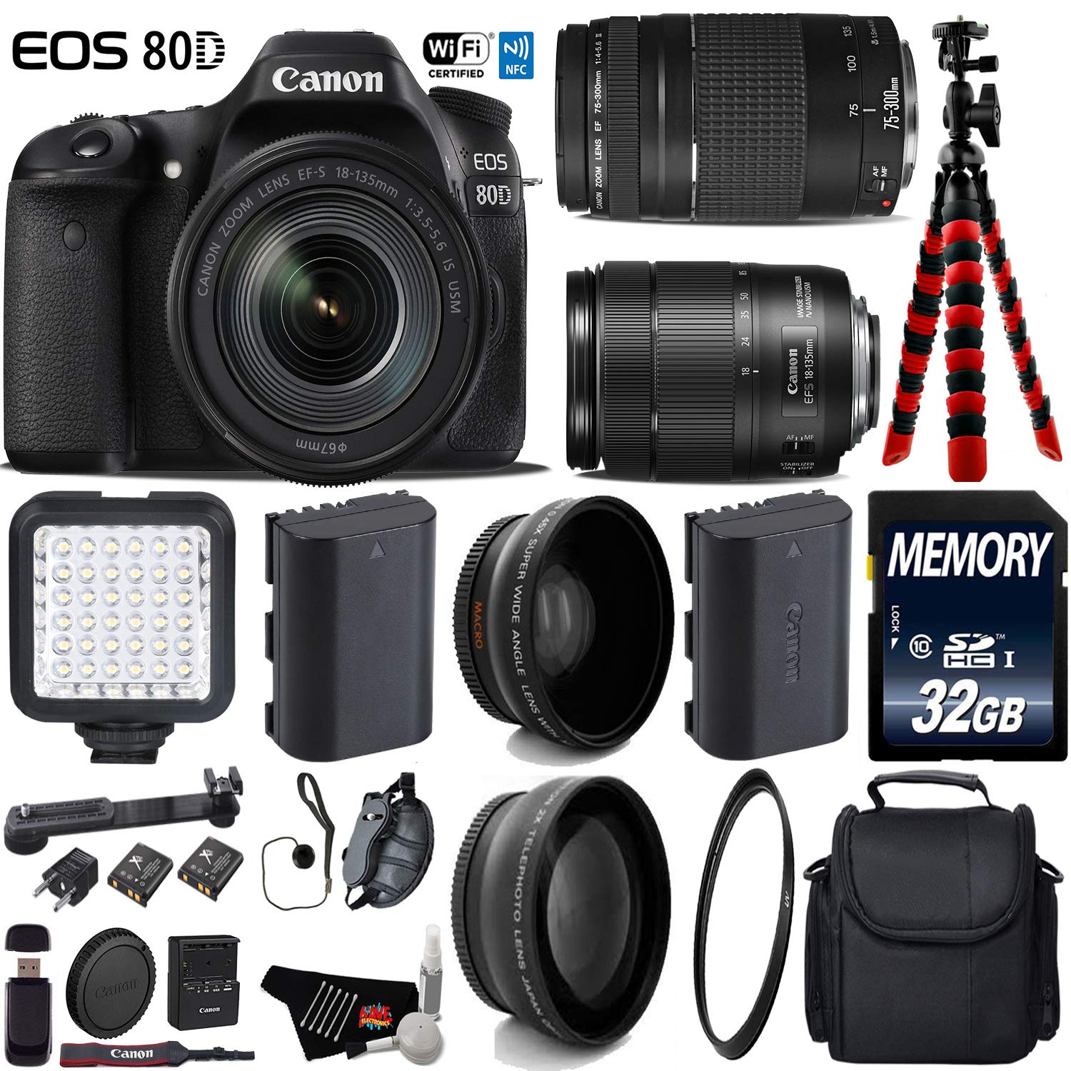 Canon EOS 80D DSLR Camera with 18-135mm is STM Lens & 75-300mm III Lens + LED + UV FLD CPL Filter Kit Ultimate Bundle