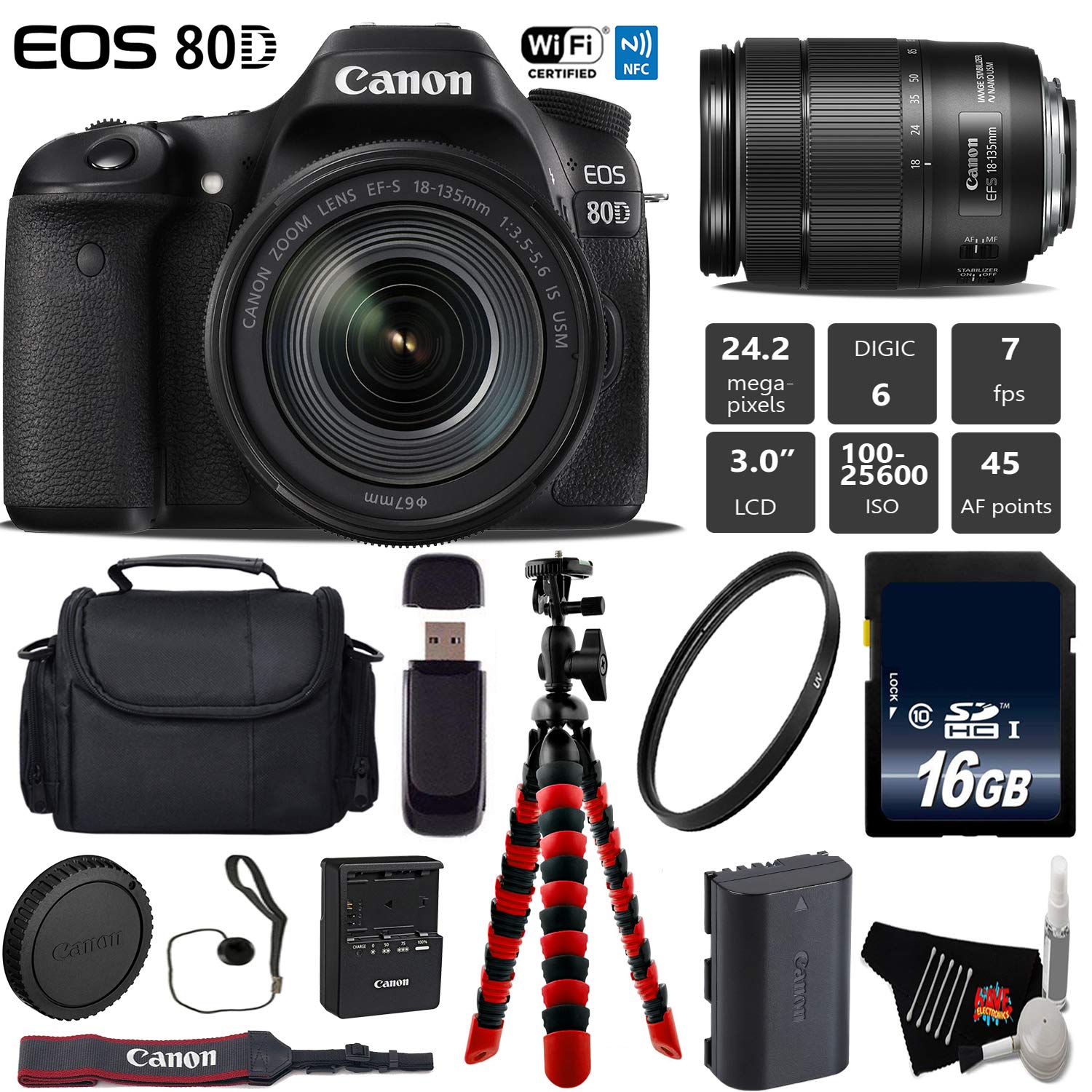 Canon EOS 80D DSLR Camera with 18-135mm is STM Lens + Flexible Tripod + UV Protection Filter + Professional Case + Card Base Bundle