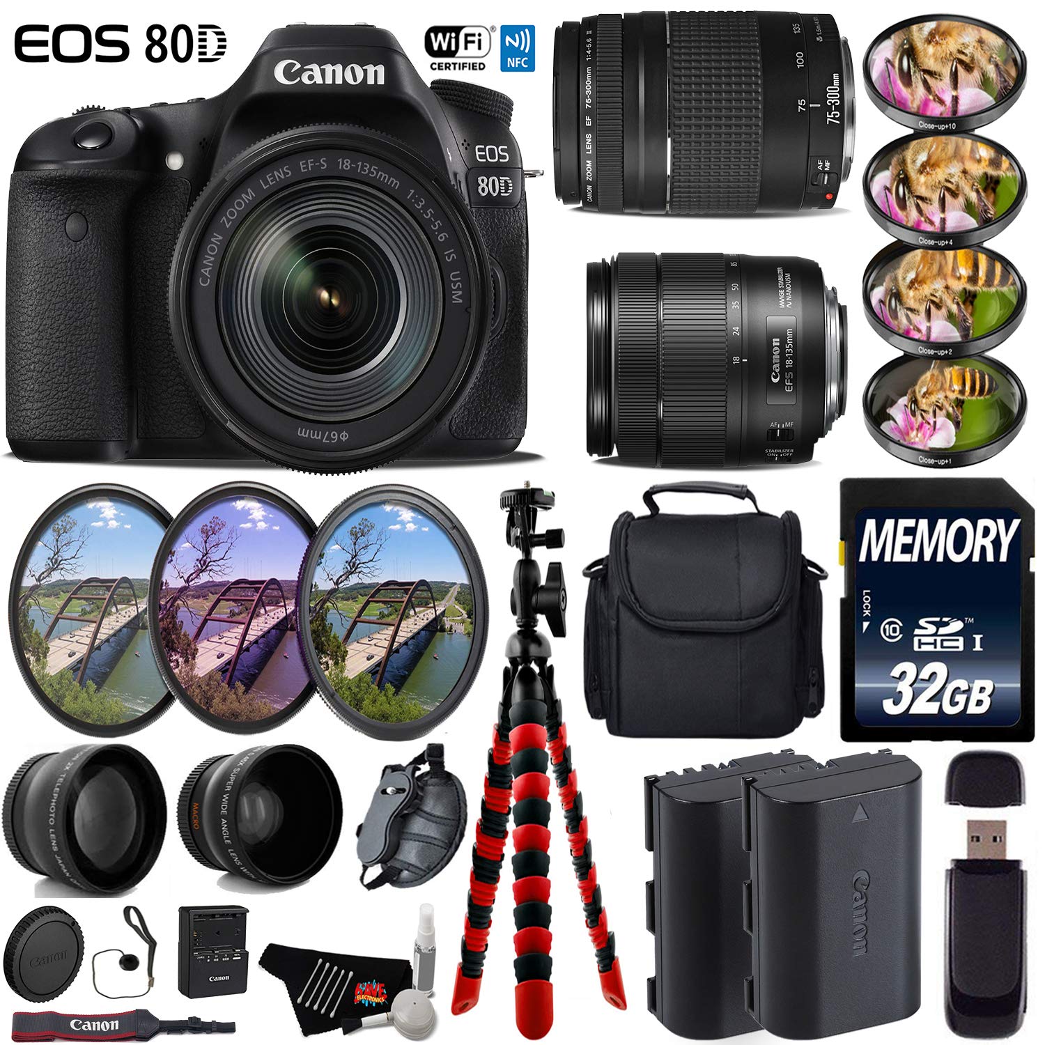 Canon EOS 80D DSLR Camera & 18-135mm is STM Lens & 75-300mm III Lens + UV FLD CPL Filter Kit + 4 PC Macro Kit Deluxe Bundle