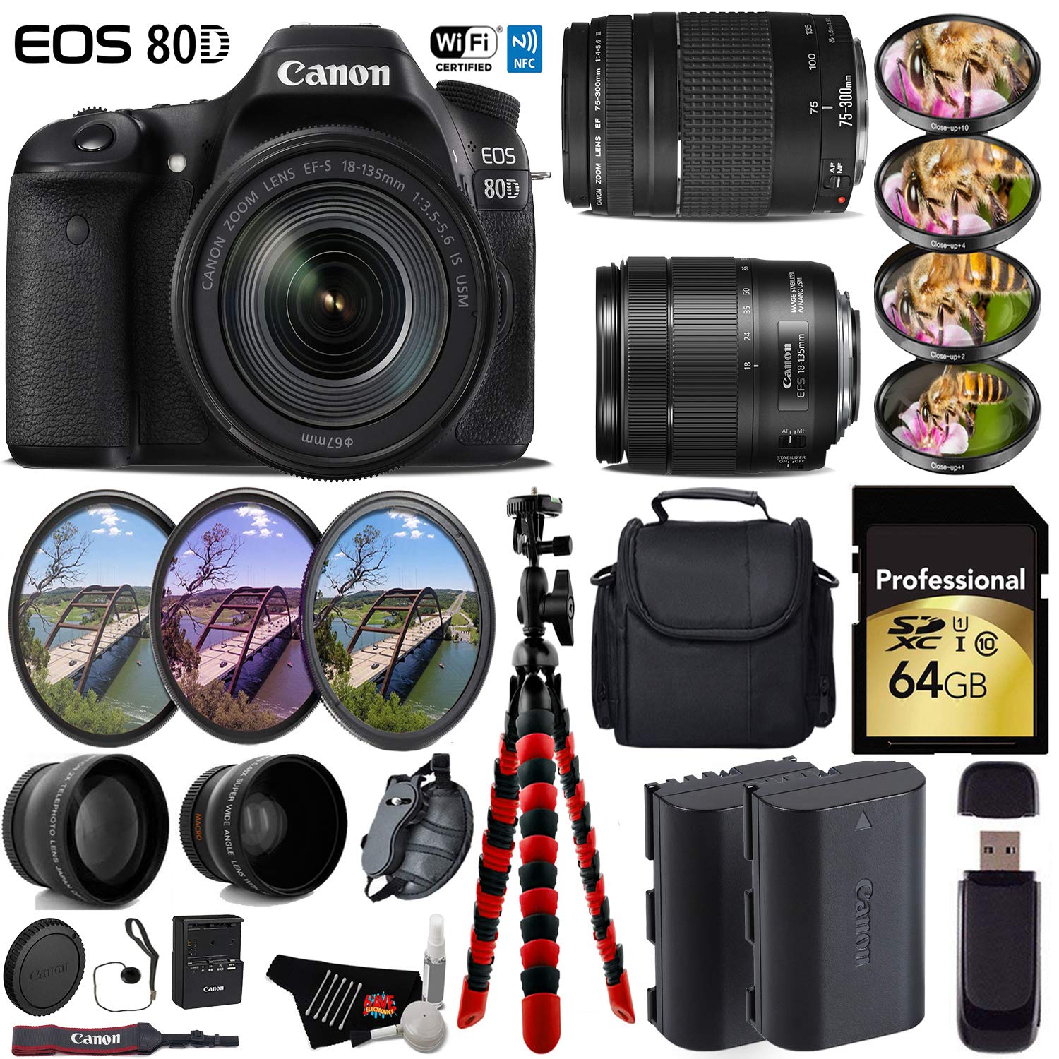 Canon EOS 80D DSLR Camera & 18-135mm is STM Lens & 75-300mm III Lens + UV FLD CPL Filter Kit + 4 PC Macro Kit Ultimate Bundle