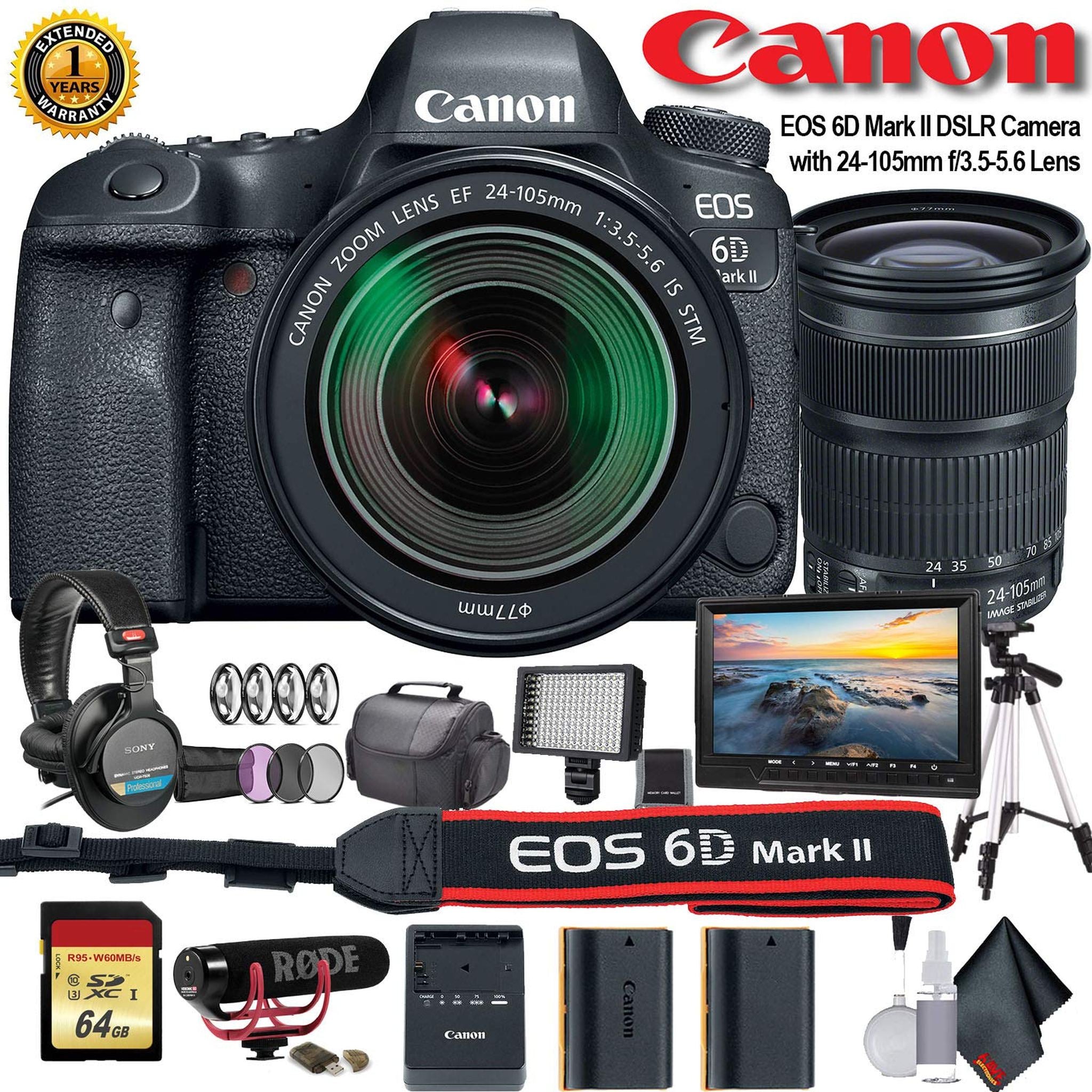 Canon EOS 6D Mark II DSLR Camera with 24-105mm f/3.5-5.6 Lens International Model 1897C021 W/Bag, Extra Battery, LED Canon