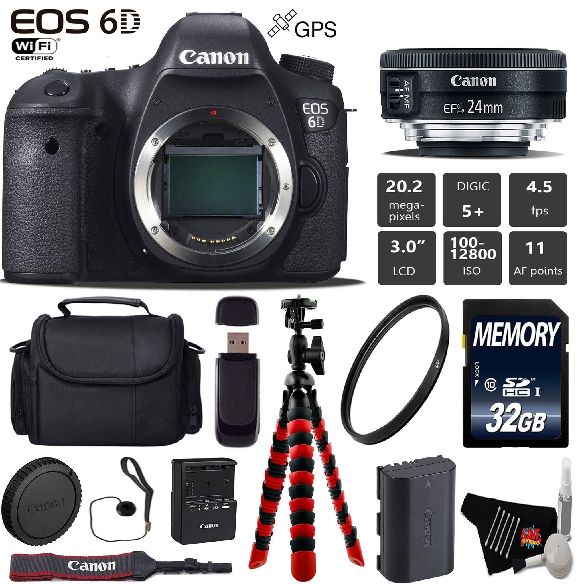 Canon EOS 6D DSLR Camera with 24mm f/2.8 STM Lens + Wireless Remote + UV Protection Filter + Case + Wrist Strap + Tripod Canon