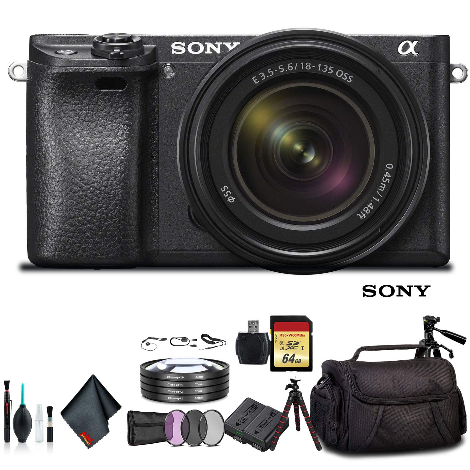 Sony Alpha a6500 Mirrorless Camera with 18-135mm Lens ILCE-6500M/B With Soft Bag, Tripod, Additional Battery, 64GB Memory Card, Card Reader , Plus Essential Accessories