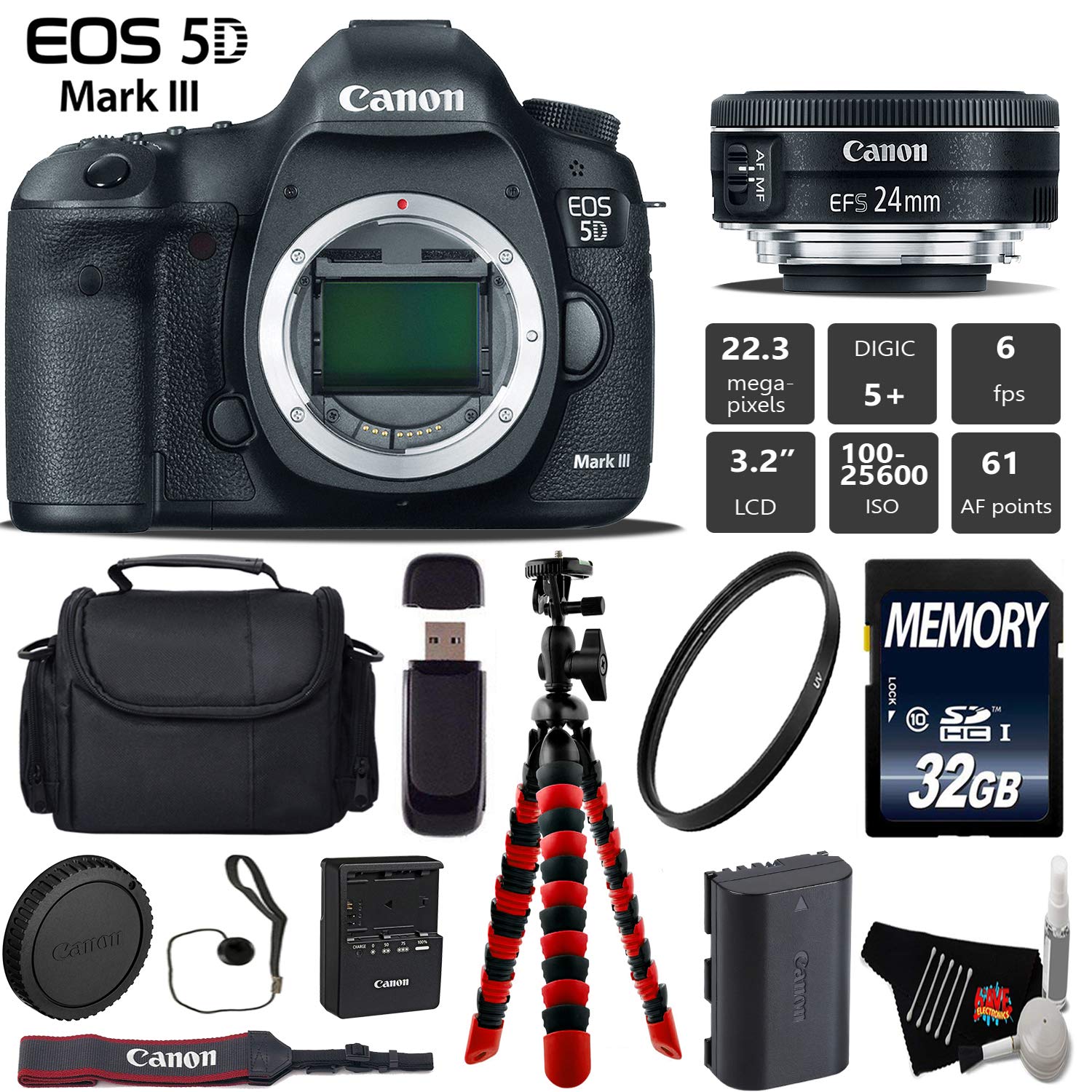Canon EOS 5D Mark III DSLR Camera with 24mm f/2.8 STM Lens + Wireless Remote + UV Protection Filter + Case + Wrist Strap Starter Bundle