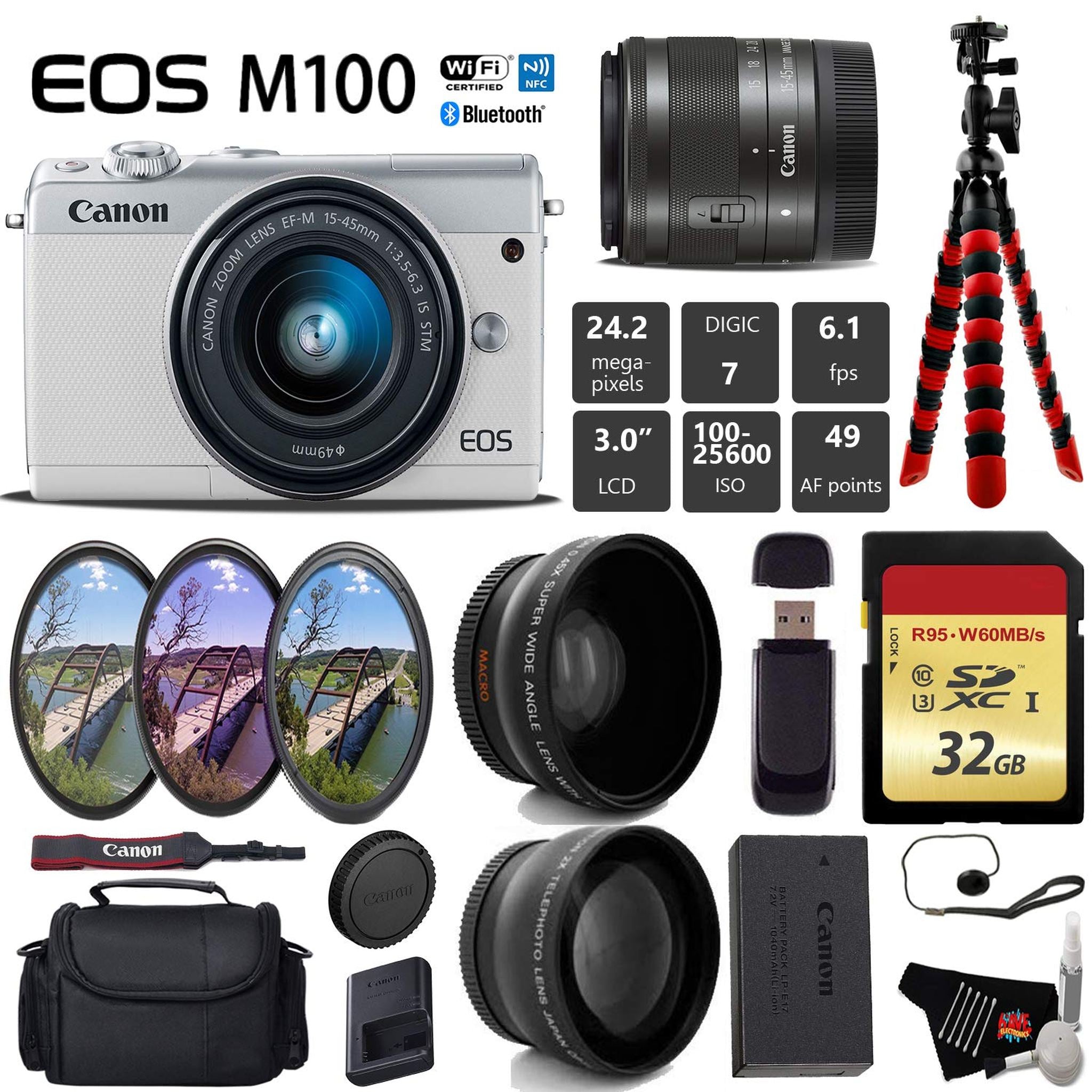 Canon EOS M100 Mirrorless Digital Camera White with 15-45mm Lens Telephoto Lens Bundle