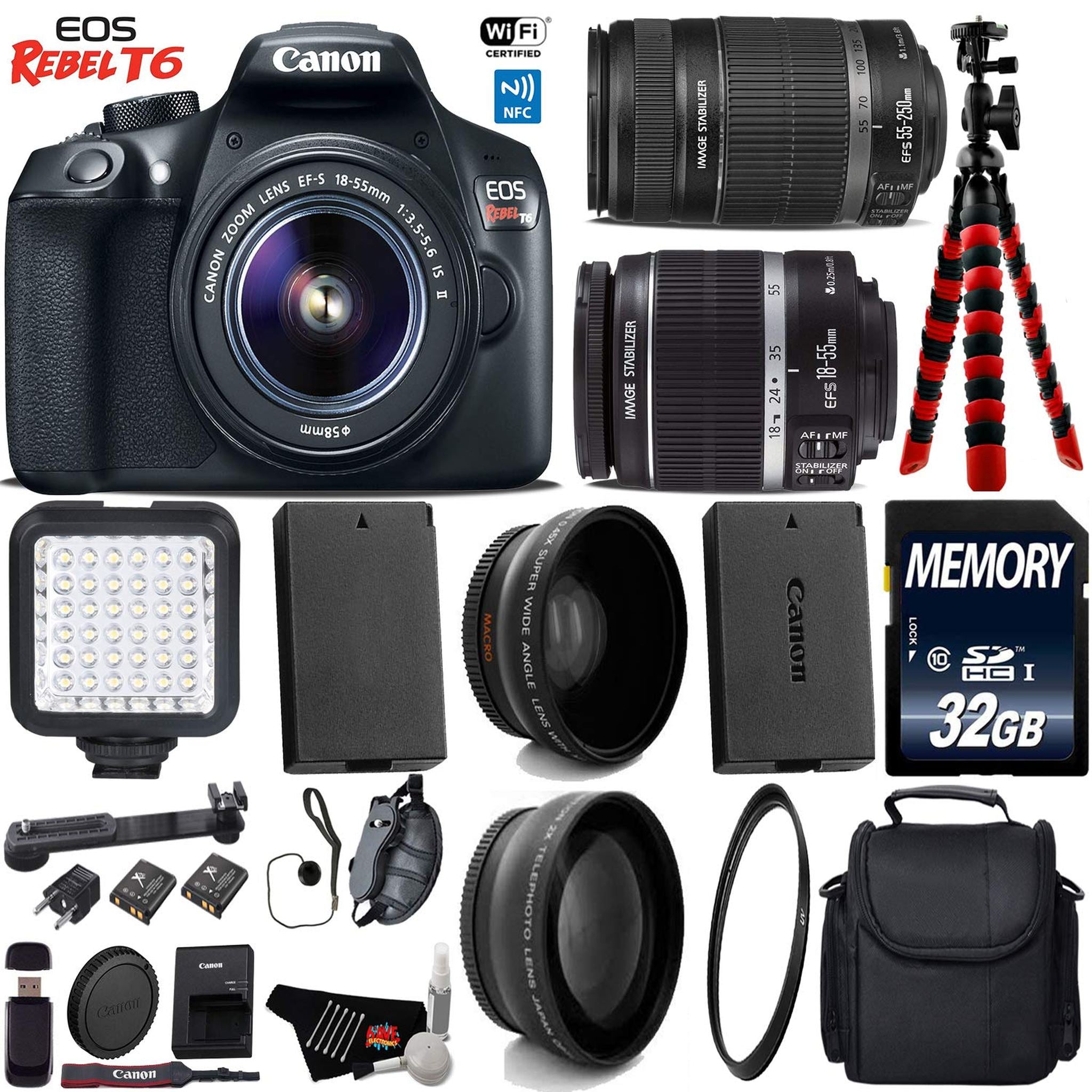 Canon EOS Rebel T6 DSLR Camera 18-55mm is Lens & 55-250mm is II Lens + LED + UV FLD CPL Filter Kit + Wide Angle & Teleph Canon