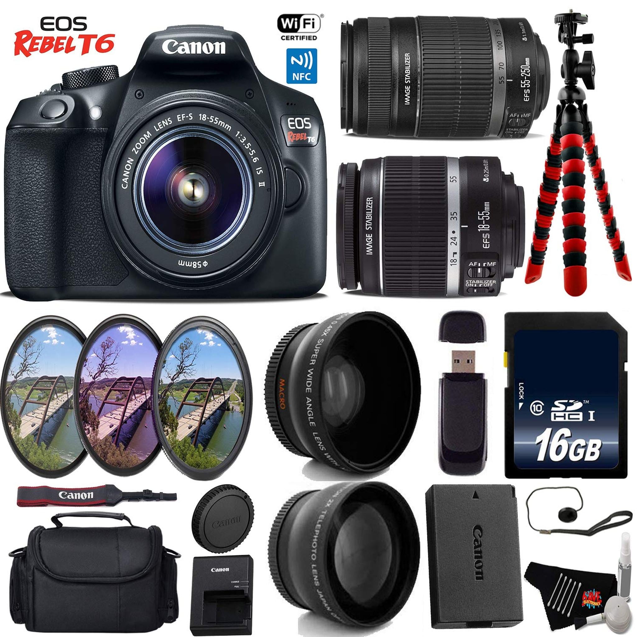 Canon EOS Rebel T6 DSLR Camera with 18-55mm is Lens & 55-250mm is II Lens + UV FLD CPL Filter Kit + Wide Angle & Telepho Canon