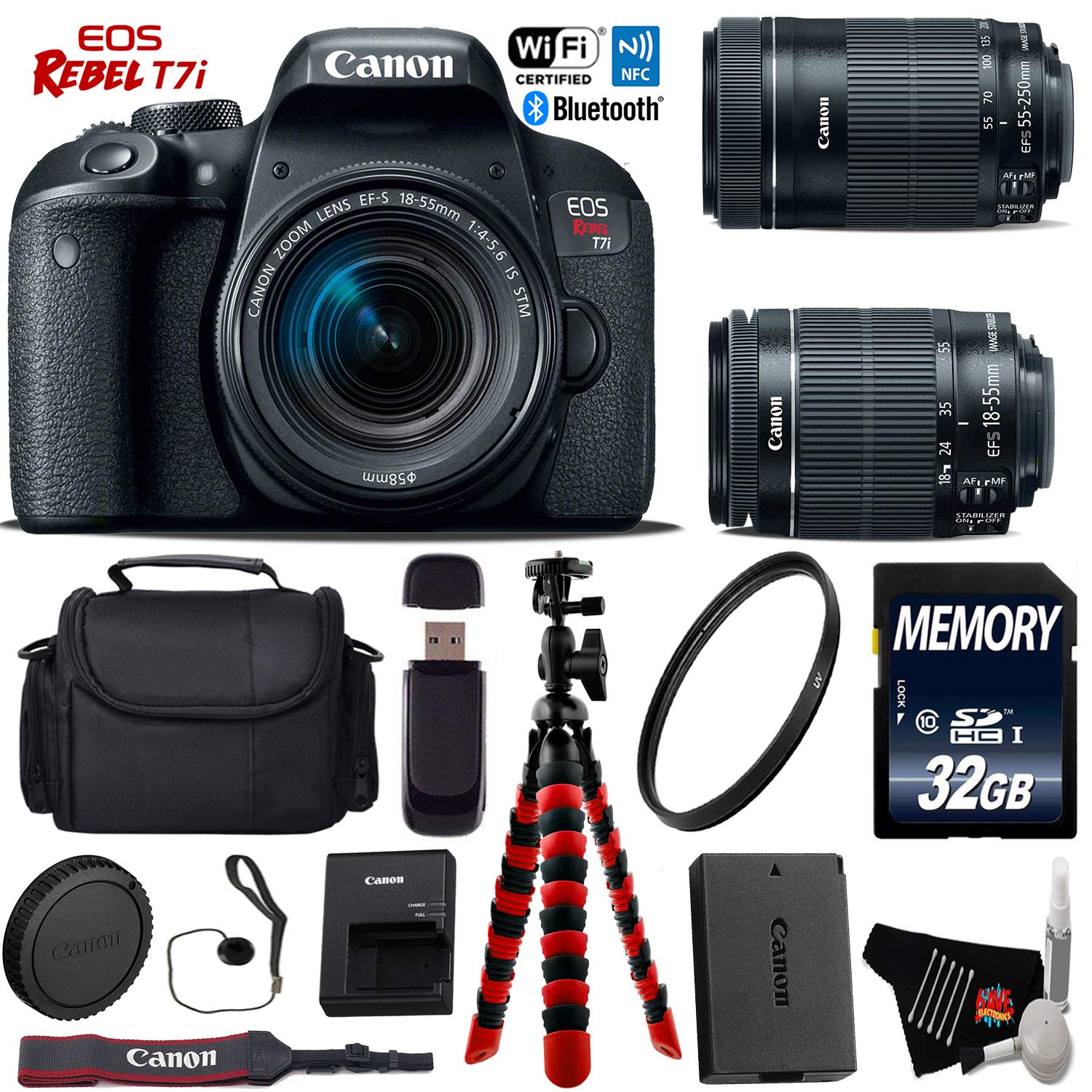 Canon EOS Rebel T7i DSLR Camera + 18-55mm Lens & 55-250mm Lens 32GB Bundle