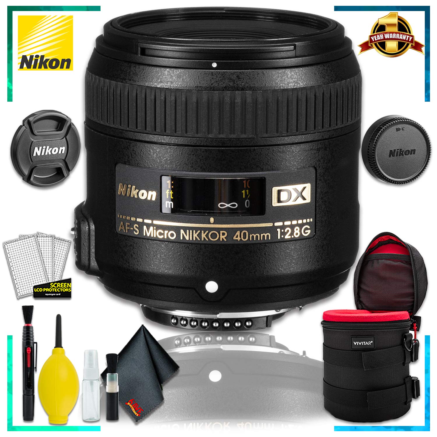 Nikon AF-S DX Micro NIKKOR 40mm F.2.8G Lens (International Model) + 4.5 inch Vivitar Premium Lens Case + Cleaning Kit