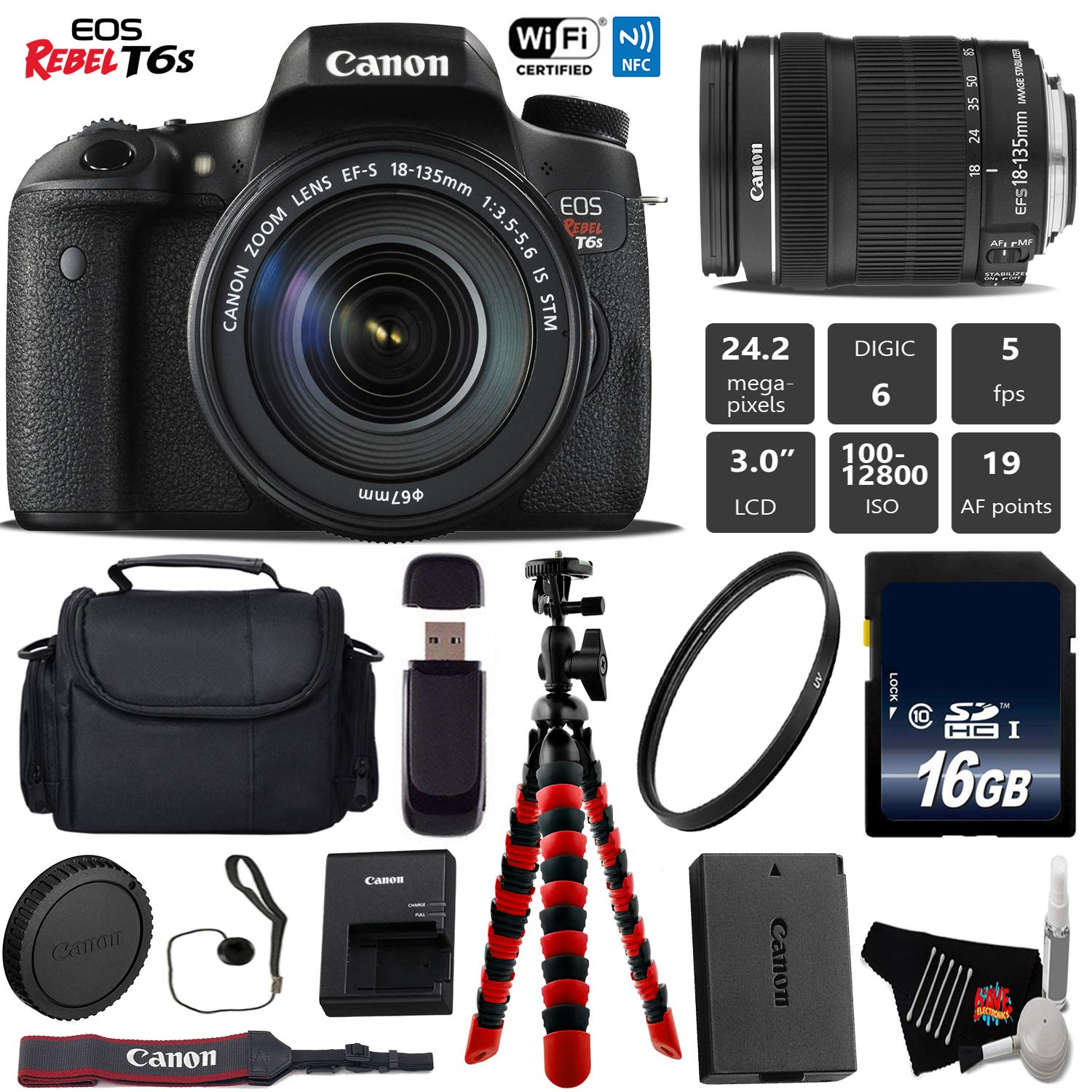 Canon EOS Rebel T6S DSLR Camera 18-135mm is STM Lens + Flexible Tripod + UV Protection Filter + Professional Case + Card Base Bundle