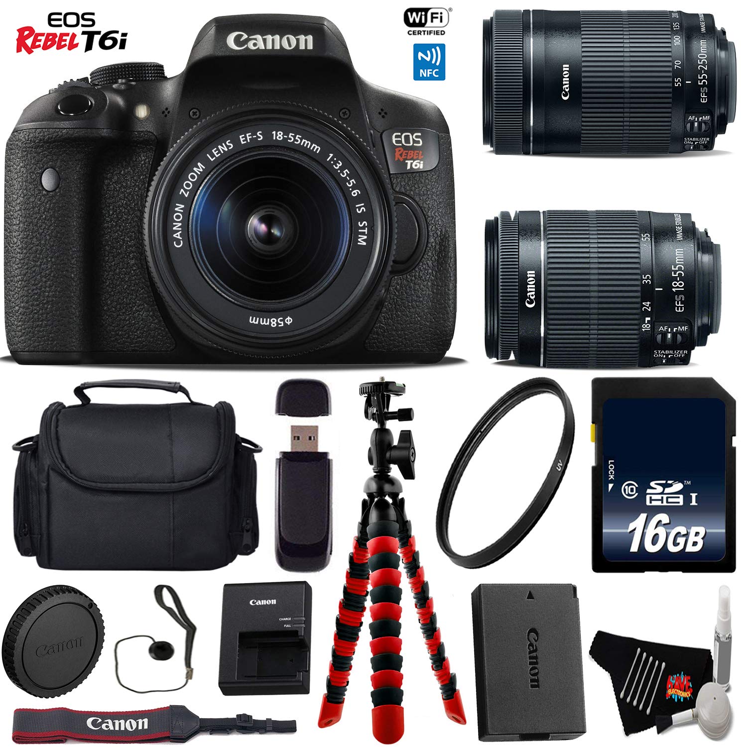 Canon EOS Rebel T6i DSLR Camera with 18-55mm is STM Lens & 55-250mm is STM Lens + Flexible Tripod + UV Protection Filter