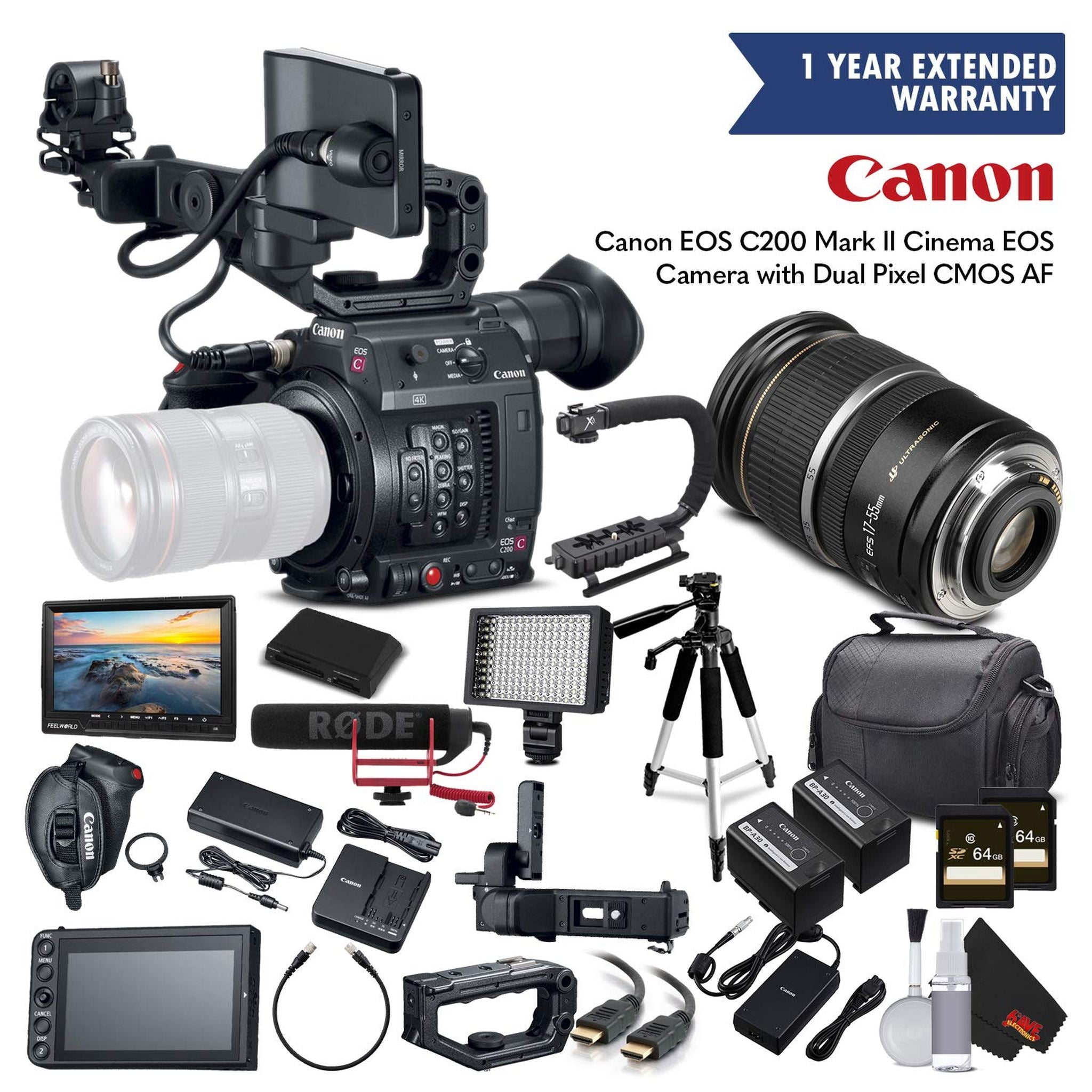Canon EOS C200 Cinema Camera 2215C002 & 17-55MM Lens with 2 Memory Cards, 2 Extra Batteries, Mic, Case, Led Light, Exter