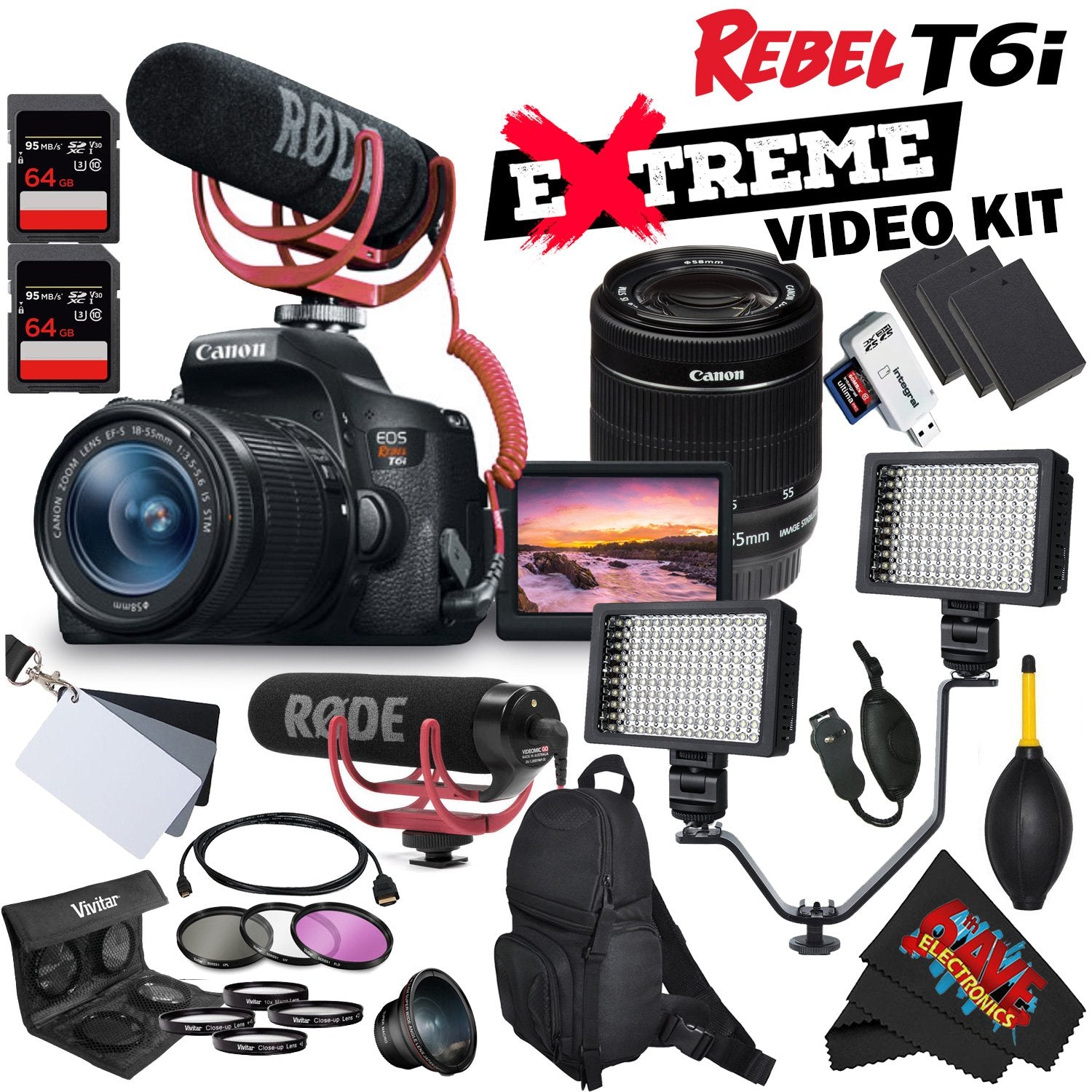 6Ave Canon EOS Rebel T6i DSLR Camera with EF-S 18-55mm f/3.5-5.6 is STM Lens 0591C003 + Rode VideoMic GO + Backpack + Dual LED Video Light Bracket Professional Videographer Bundle