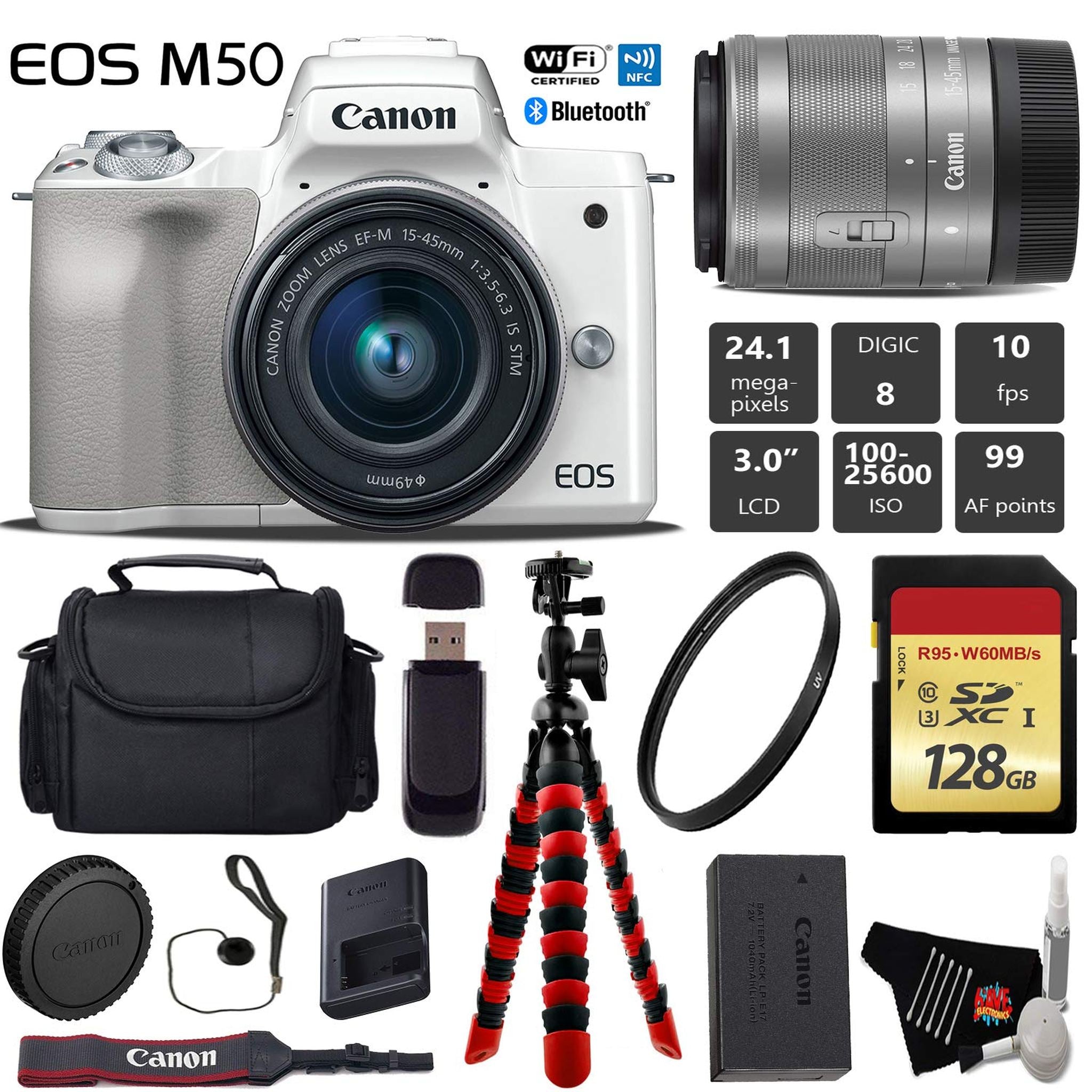 Canon EOS M50 Mirrorless Digital Camera White with 15-45mm Lens + Flexible Tripod + UV Protection Filter + Professiona