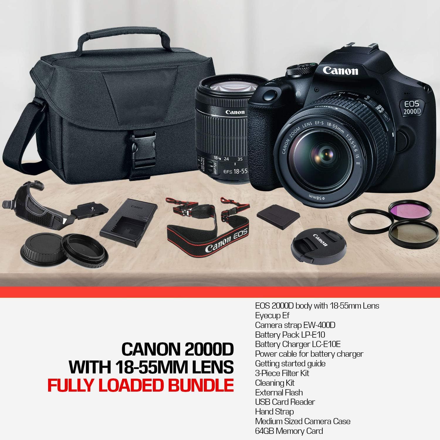 Canon EOS 2000D / Rebel T7 DSLR Camera and EF-S 18-55mm f/3.5-5.6 IS DC III Lens + 32GB Memory Card + Camera Bag + Cleaning Kit + Table Tripod + Filters - Intl Model