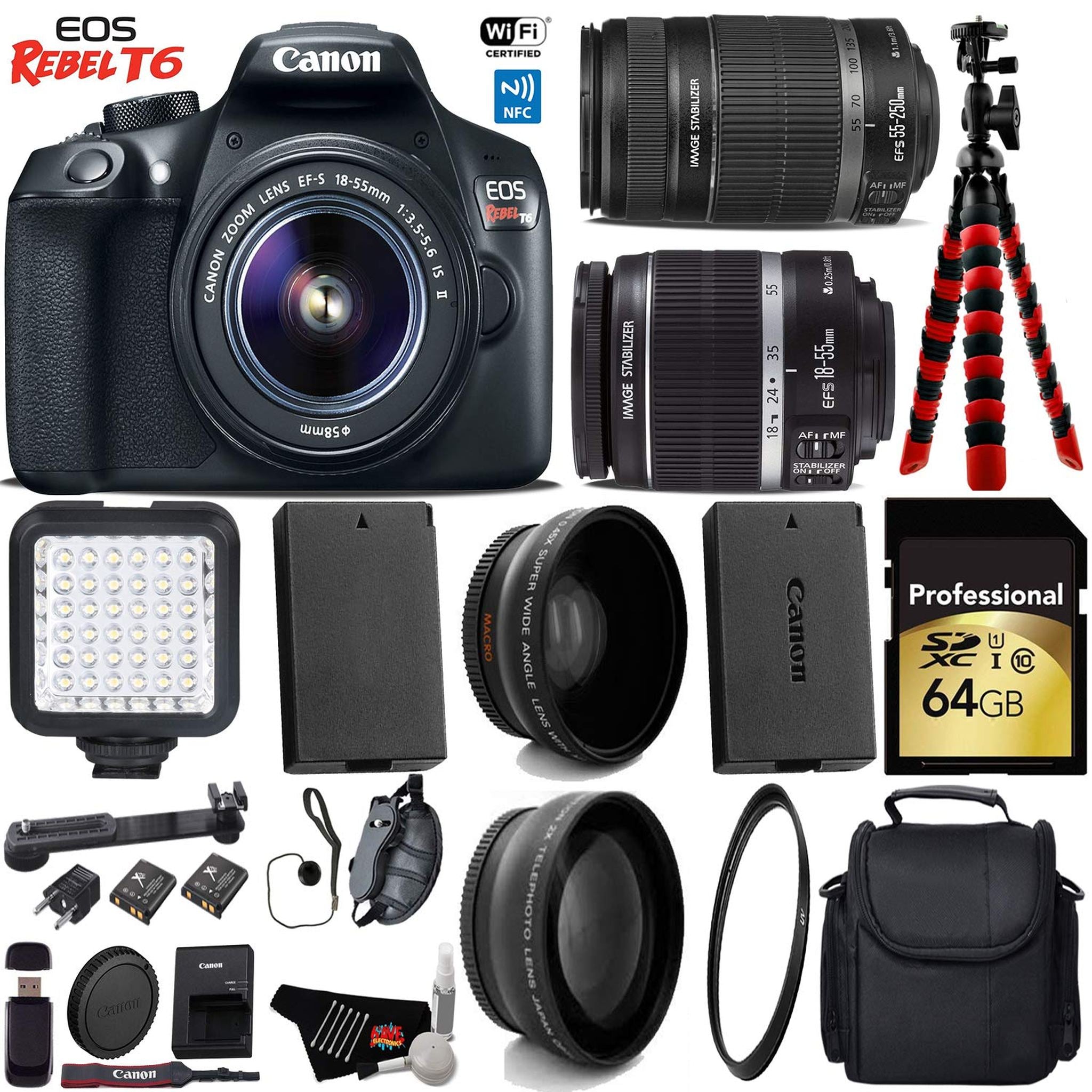 Canon EOS Rebel T6 DSLR Camera with 18-55mm is Lens & 55-250mm is II Lens + LED + UV FLD CPL Filter Kit + Wide Angle & T Canon