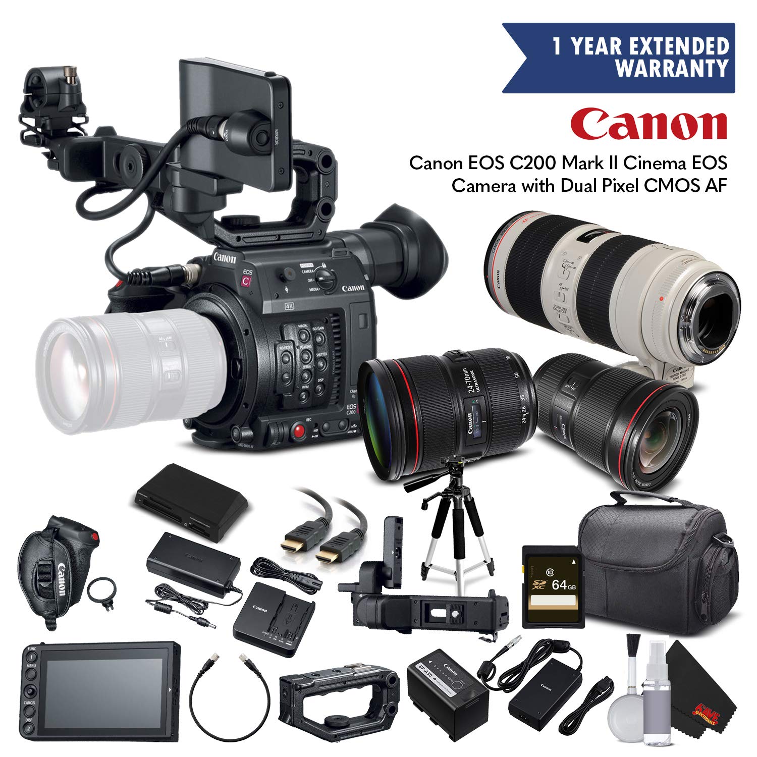 Canon EOS C200 Cinema Camera 2215C002 - Triple Lens Kit Includes 16-35mm Lens, 24-70mm Lens, 70-200mm Lens, with Memory