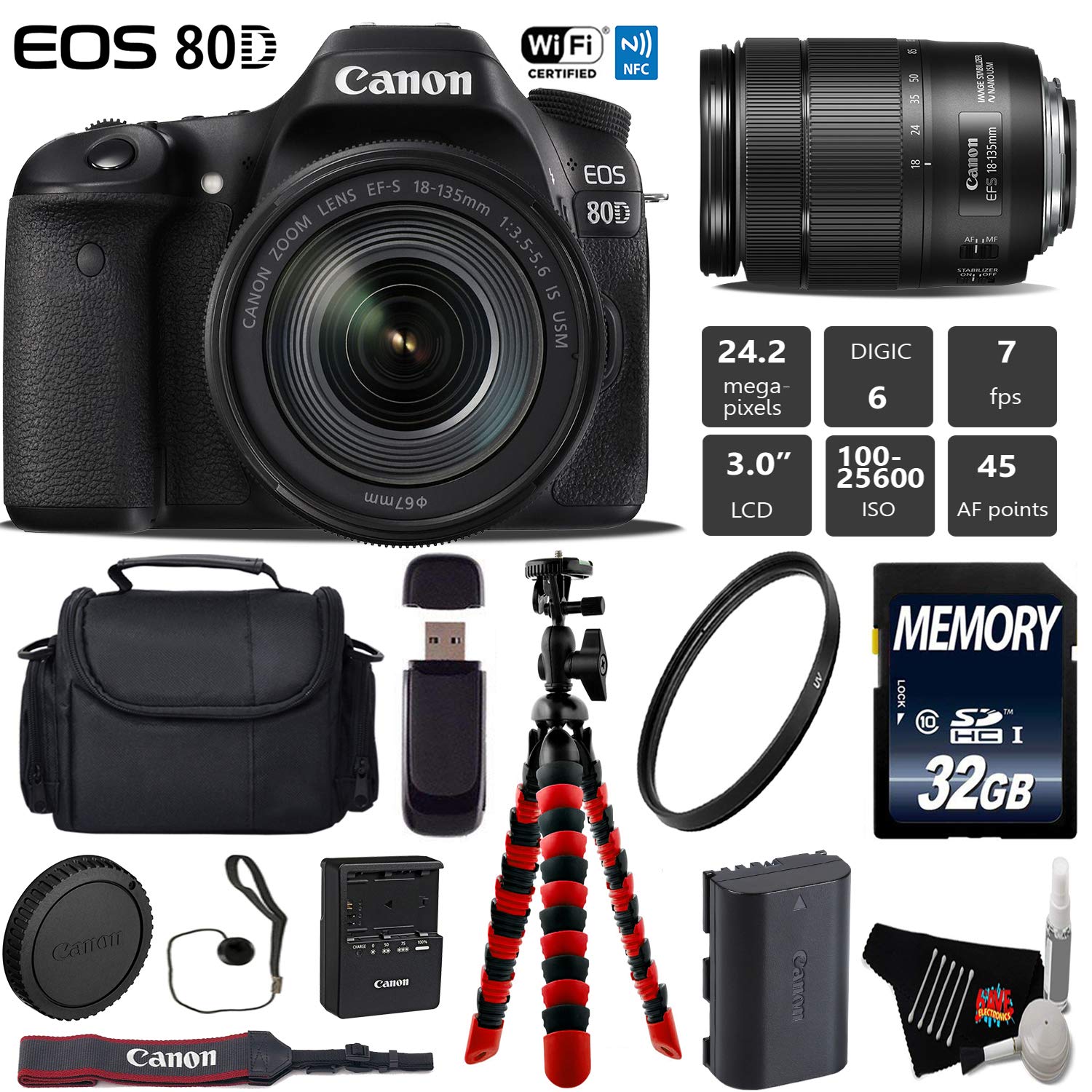 Canon EOS 80D DSLR Camera with 18-135mm is STM Lens + Flexible Tripod + UV Protection Filter + Professional Case + Card Starter Bundle