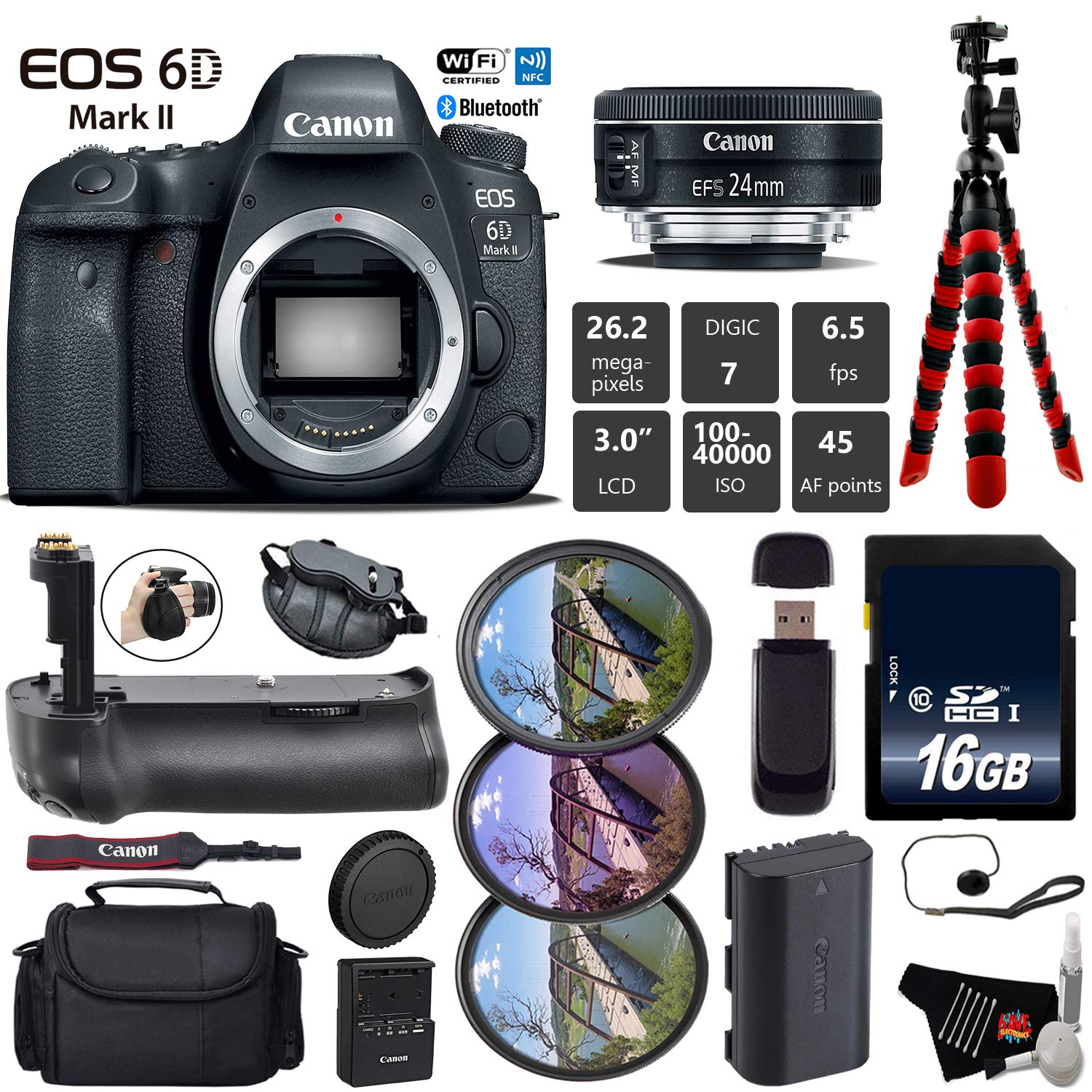 Canon EOS 6D Mark II DSLR Camera with 24mm f/2.8 STM Lens + Professional Battery Grip + UV FLD CPL Filter Kit + Case Base Bundle