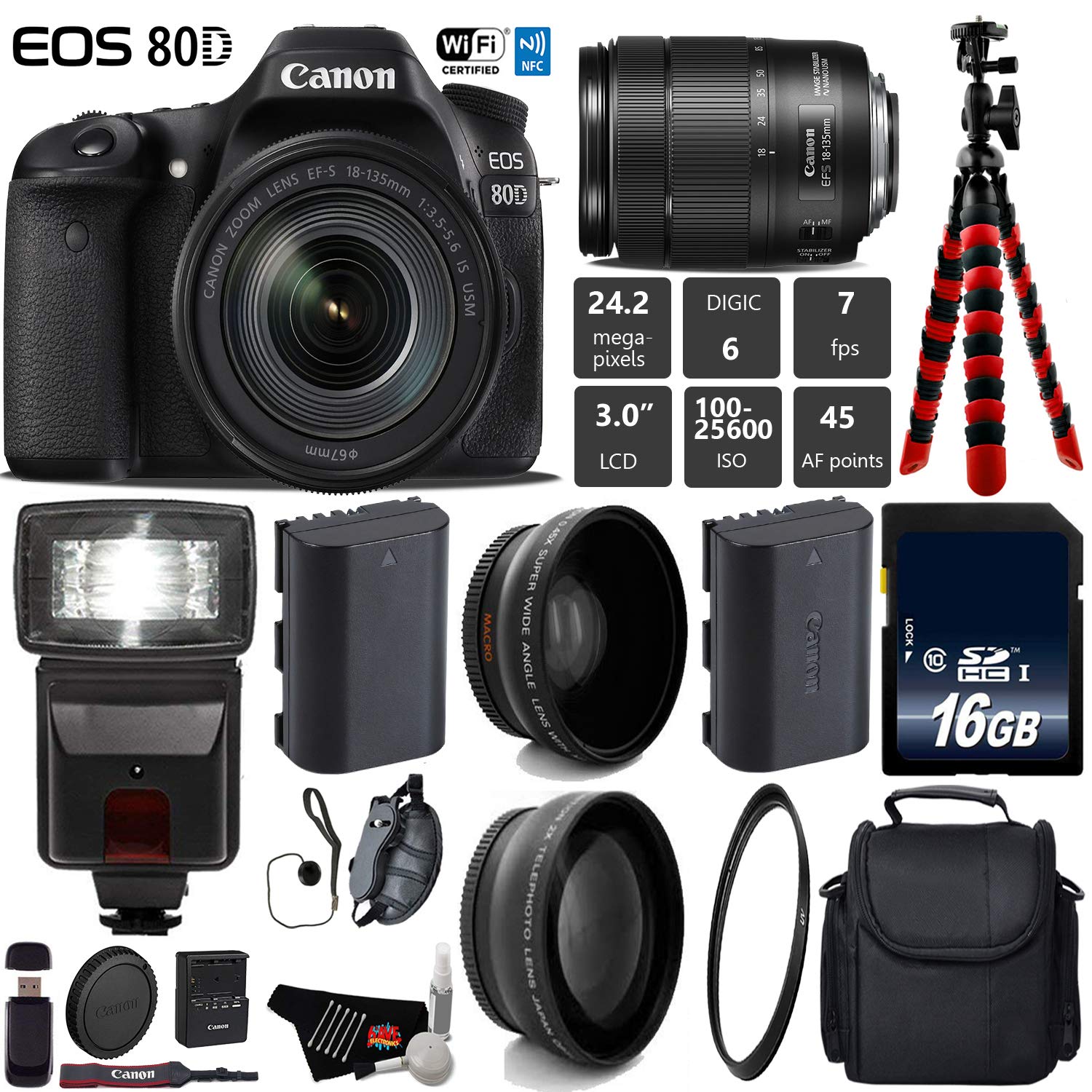 Canon EOS 80D DSLR Camera with 18-135mm is STM Lens + Flash + UV FLD CPL Filter Kit + Wide Angle & Telephoto Lens Base Bundle