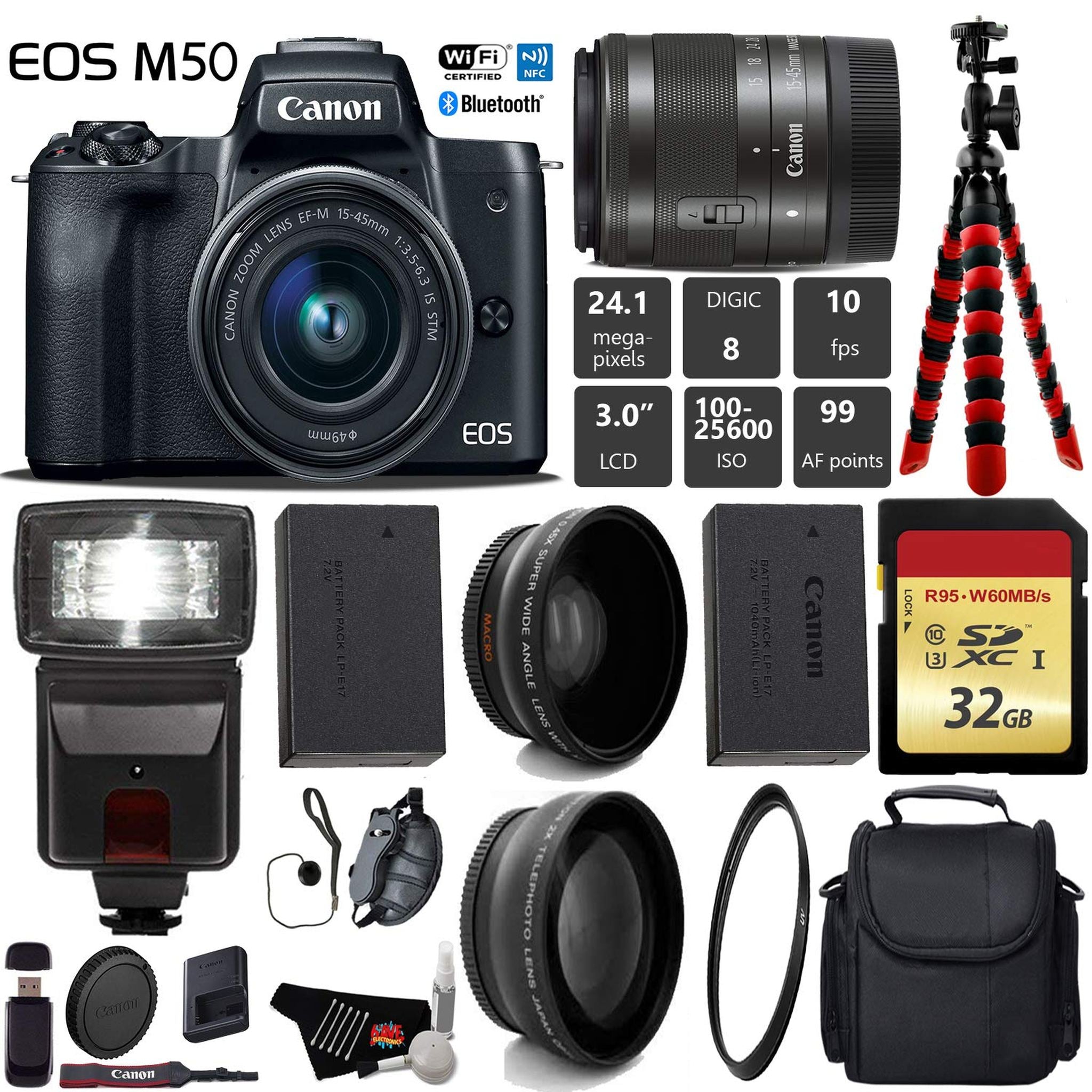 Canon EOS M50 Mirrorless Digital Camera with 15-45mm Lens + Flash + UV FLD CPL Filter Kit + Wide Angle & Telephoto Lens Canon