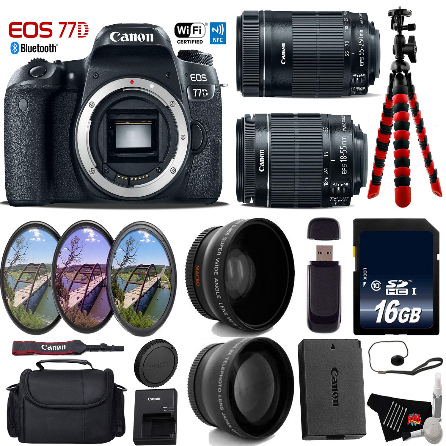 Canon EOS 77D DSLR Camera with 18-55mm is STM Lens & 55-250mm is STM Lens + UV FLD CPL Filter Kit + Wide Angle & Telepho