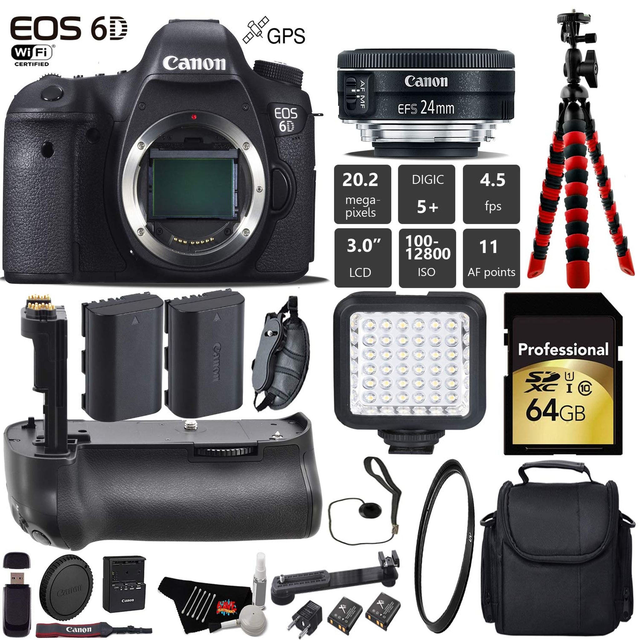 Canon EOS 6D DSLR Camera with 24mm f/2.8 STM Lens + Professional Battery Grip + UV Protection Filter + LED Kit + Extra B Canon