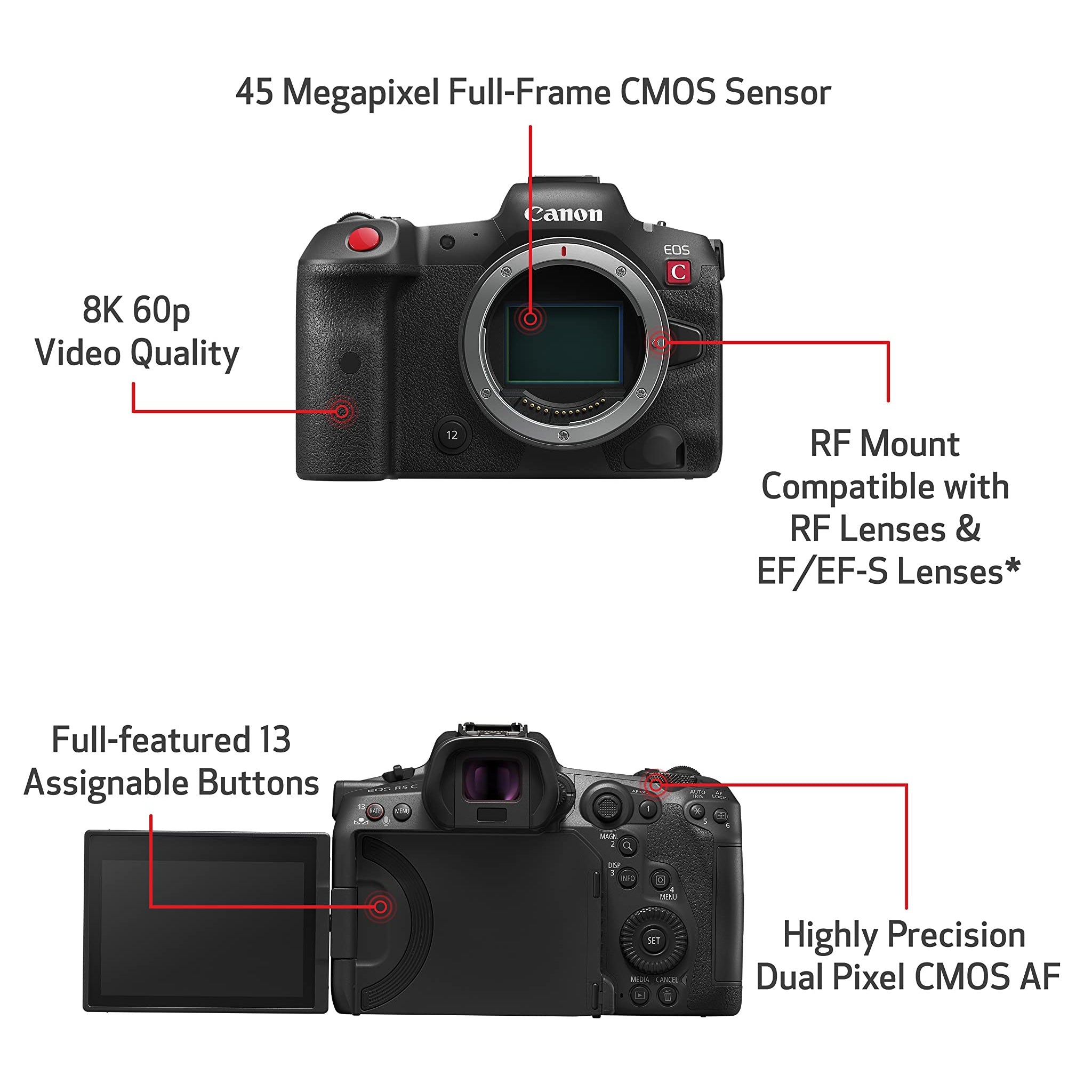 Canon EOS R5 C Mirrorless Camera Body Only , 45 Megapixel CMOS Sensor, Hybrid Full-Frame Cinema Camera, 8K/60P Internal RAW Recording, RF Mount, Black