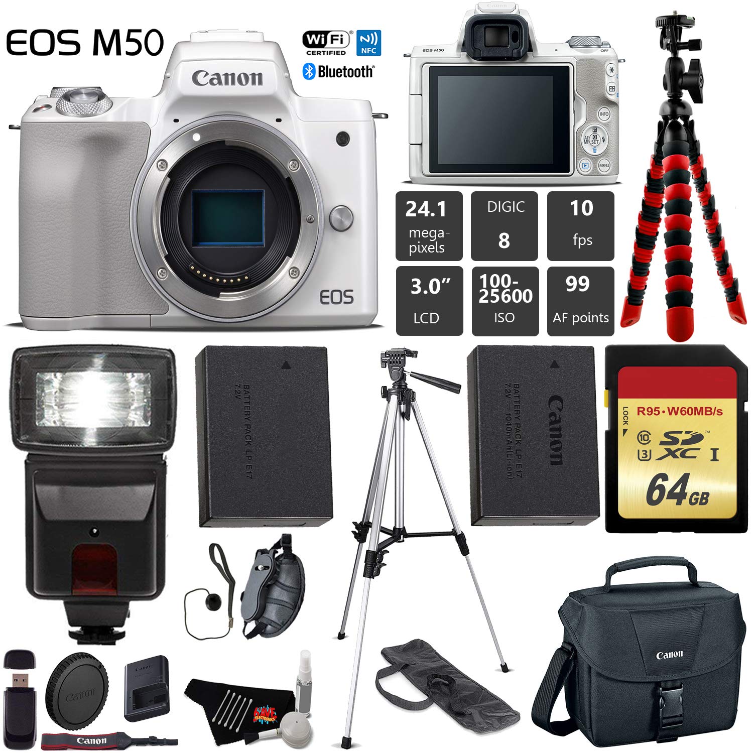 Canon EOS M50 Mirrorless Digital Camera White, Body Only + 64GB Class 10 Memory Card + Flash + Canon Camera Case + Fle