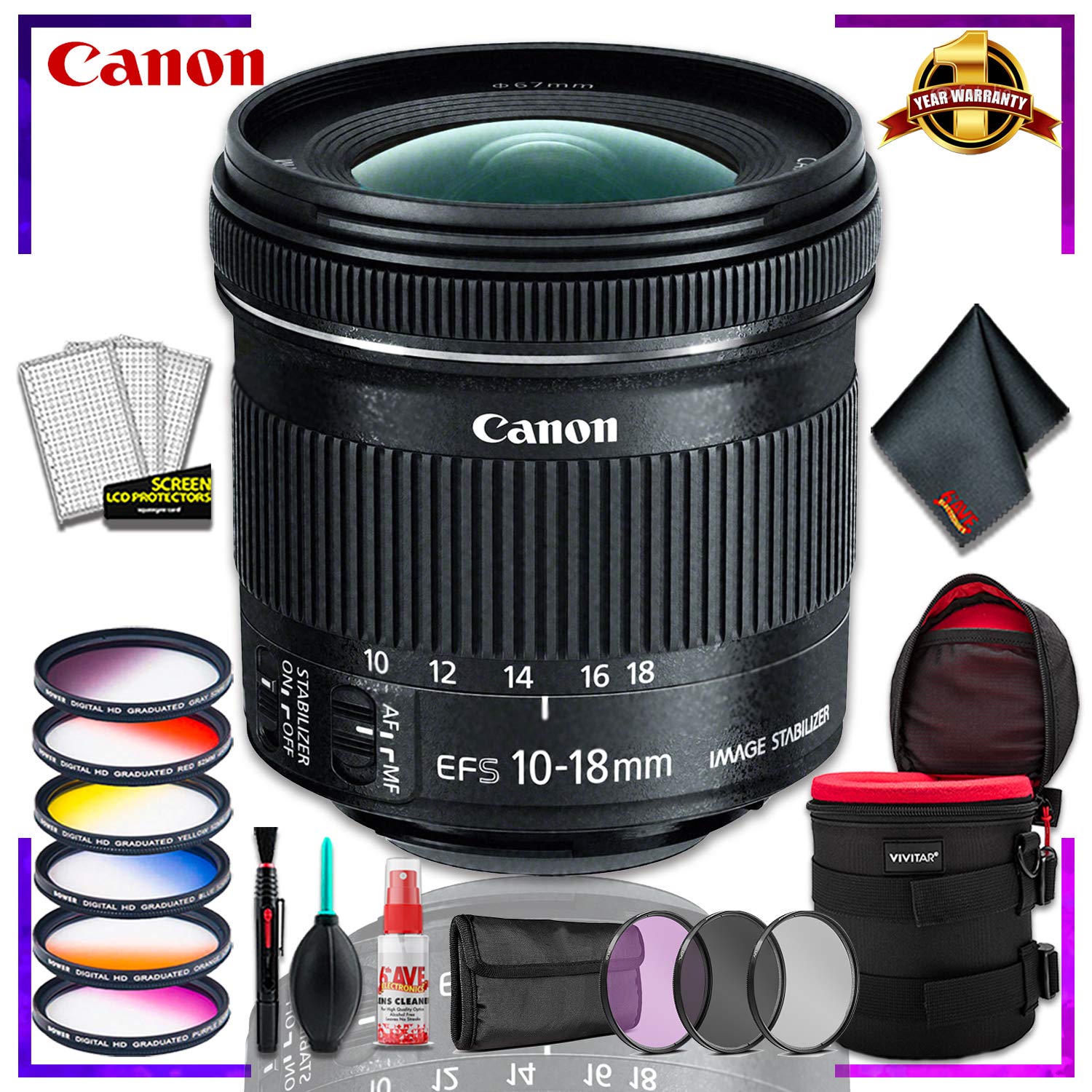 Canon EF-S 10-18mm f.4.5-5.6 is STM Lens (International Model) + 4.5 inch Vivitar Premium Lens Case + Vivitar Graduated