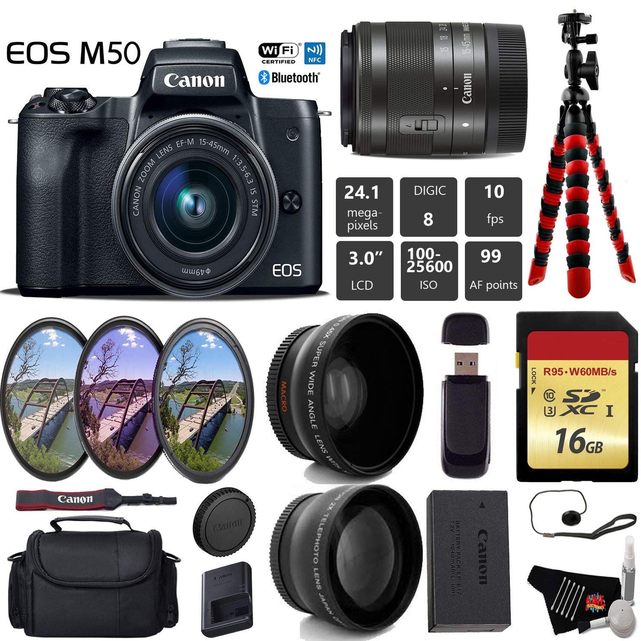 Canon EOS M50 Mirrorless Digital Camera with 15-45mm Lens + UV FLD CPL Filter Kit + Wide Angle & Telephoto Lens + Camera Canon