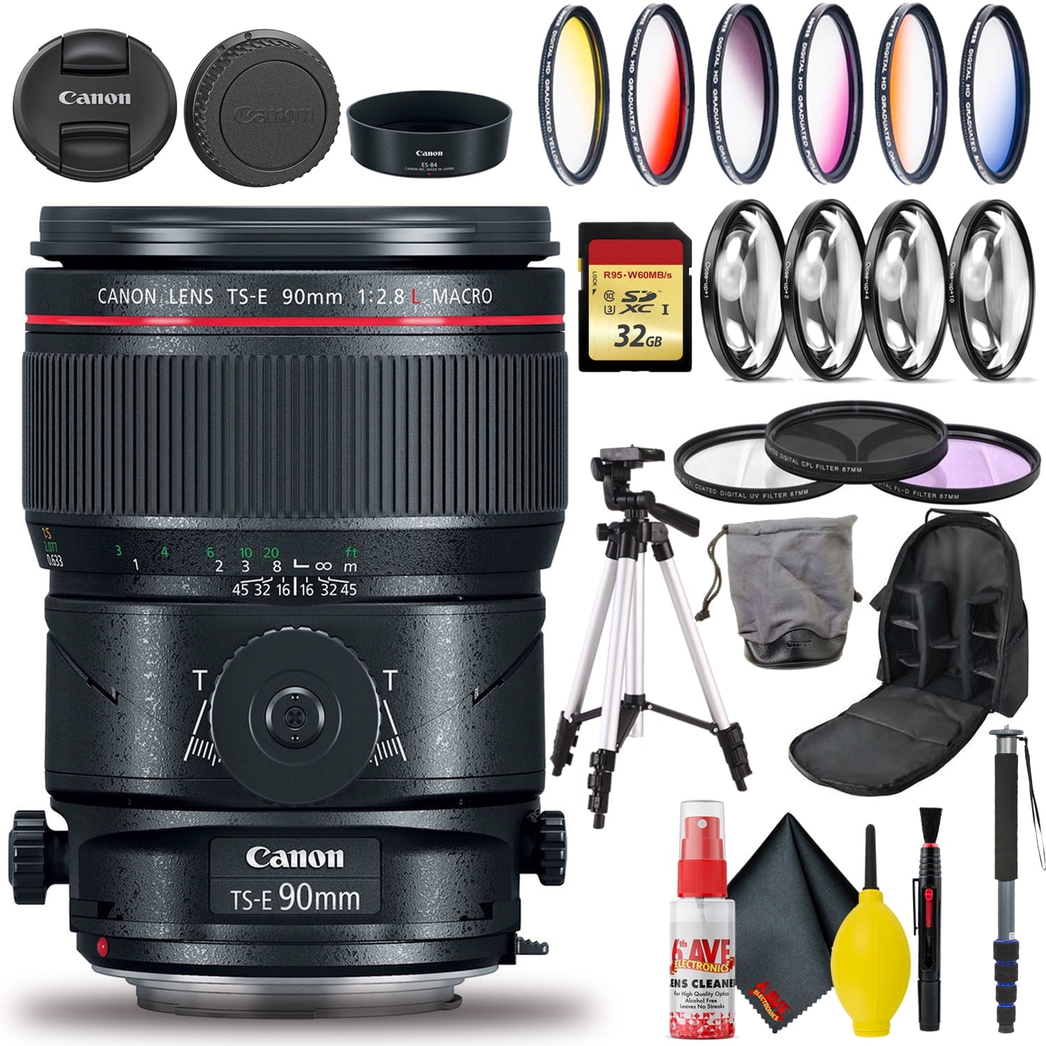 Canon TS-E 90mm Macro Tilt-Shift Lens Intl Model with 32GB SD, Bag, and More