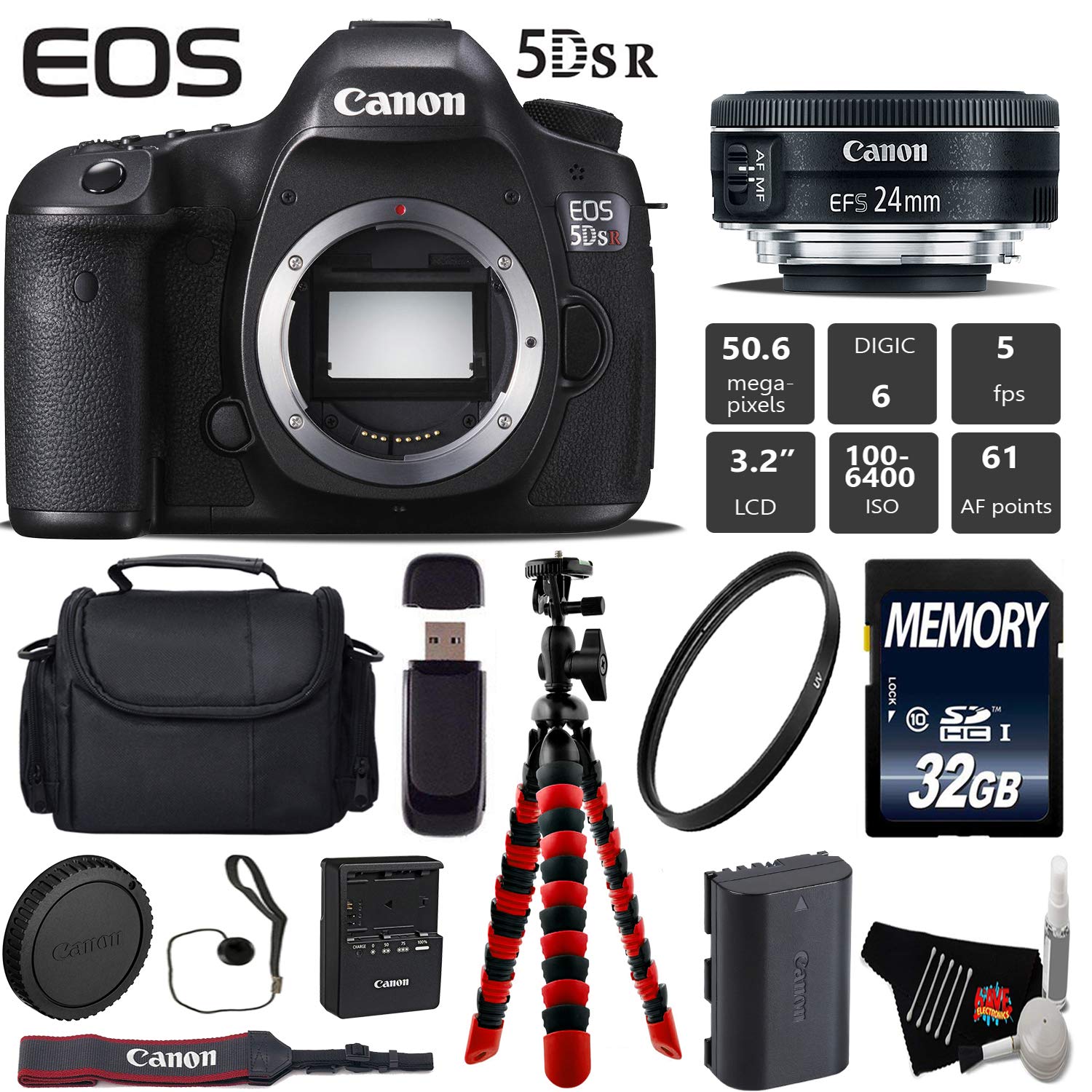 Canon EOS 5DS R DSLR Camera with 24mm f/2.8 STM Lens + Wireless Remote + UV Protection Filter + Case + Wrist Strap Starter Bundle