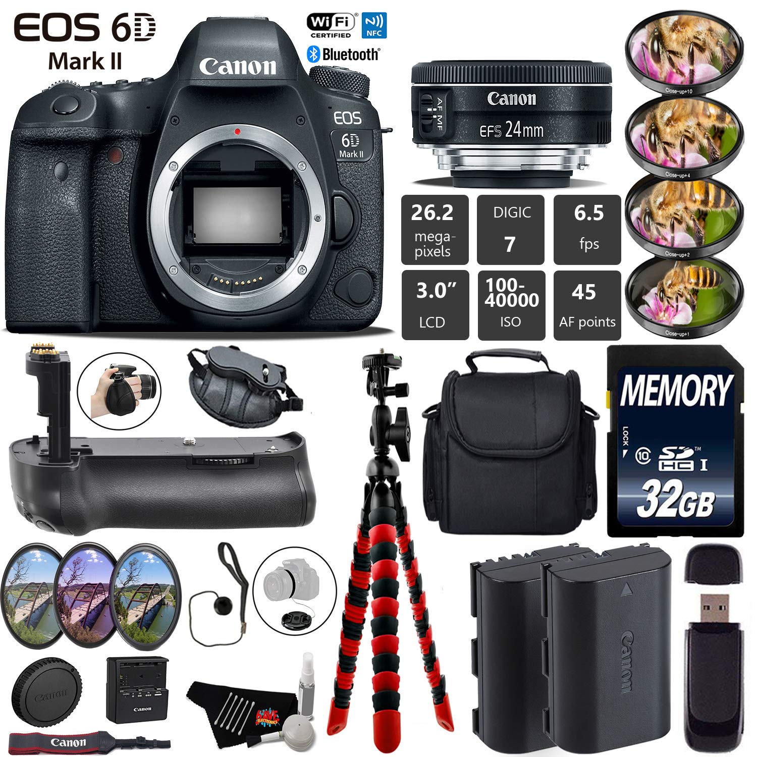 Canon EOS 6D Mark II DSLR Camera With 24mm 2.8 STM Lens + Professional Battery Grip + 4PC Macro Filter Kit + LED Kit Pro Bundle