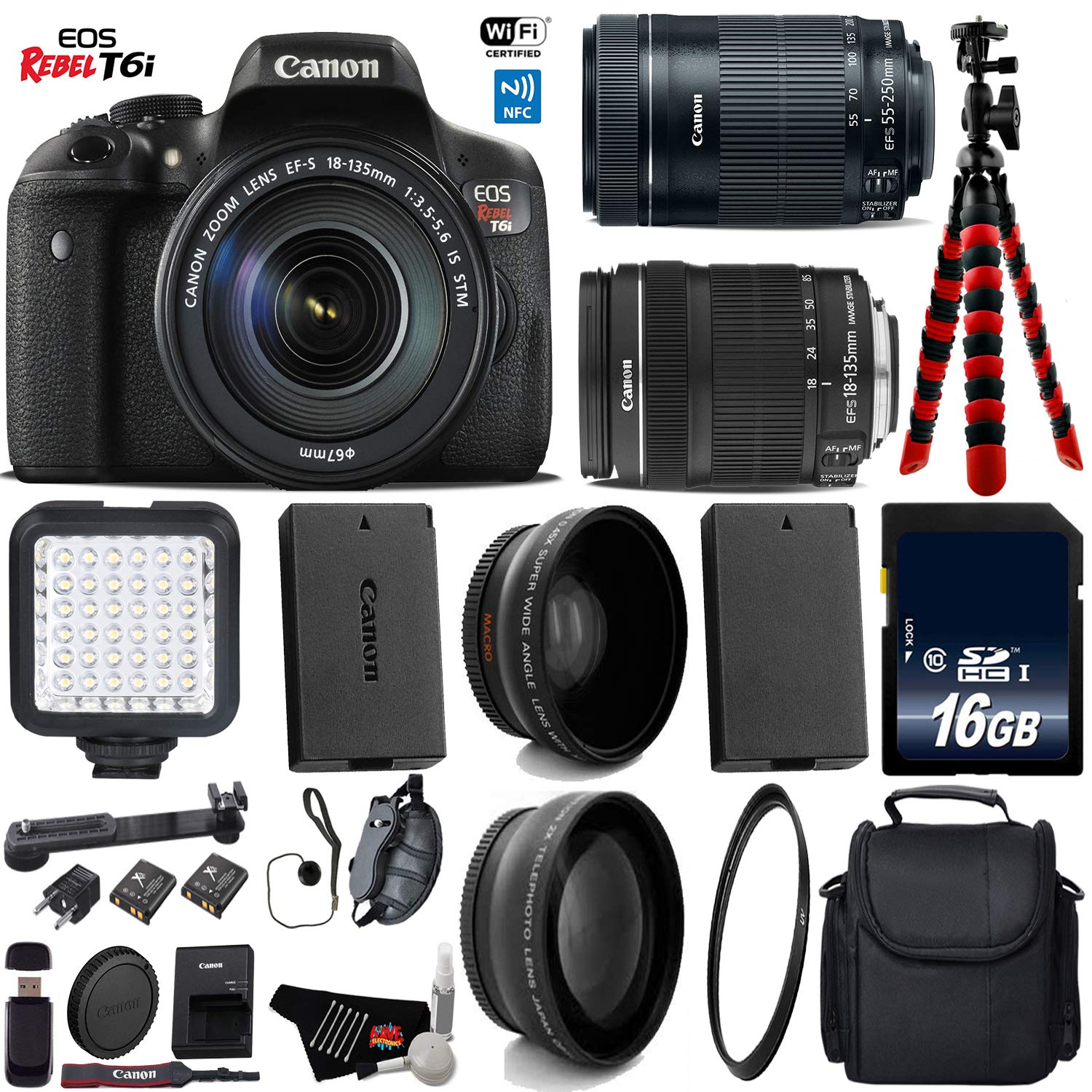 Canon EOS Rebel T6i DSLR Camera 18-135mm STM Lens & 55-250mm is STM Lens + LED + UV FLD CPL Filter Kit + Wide Angle & Te