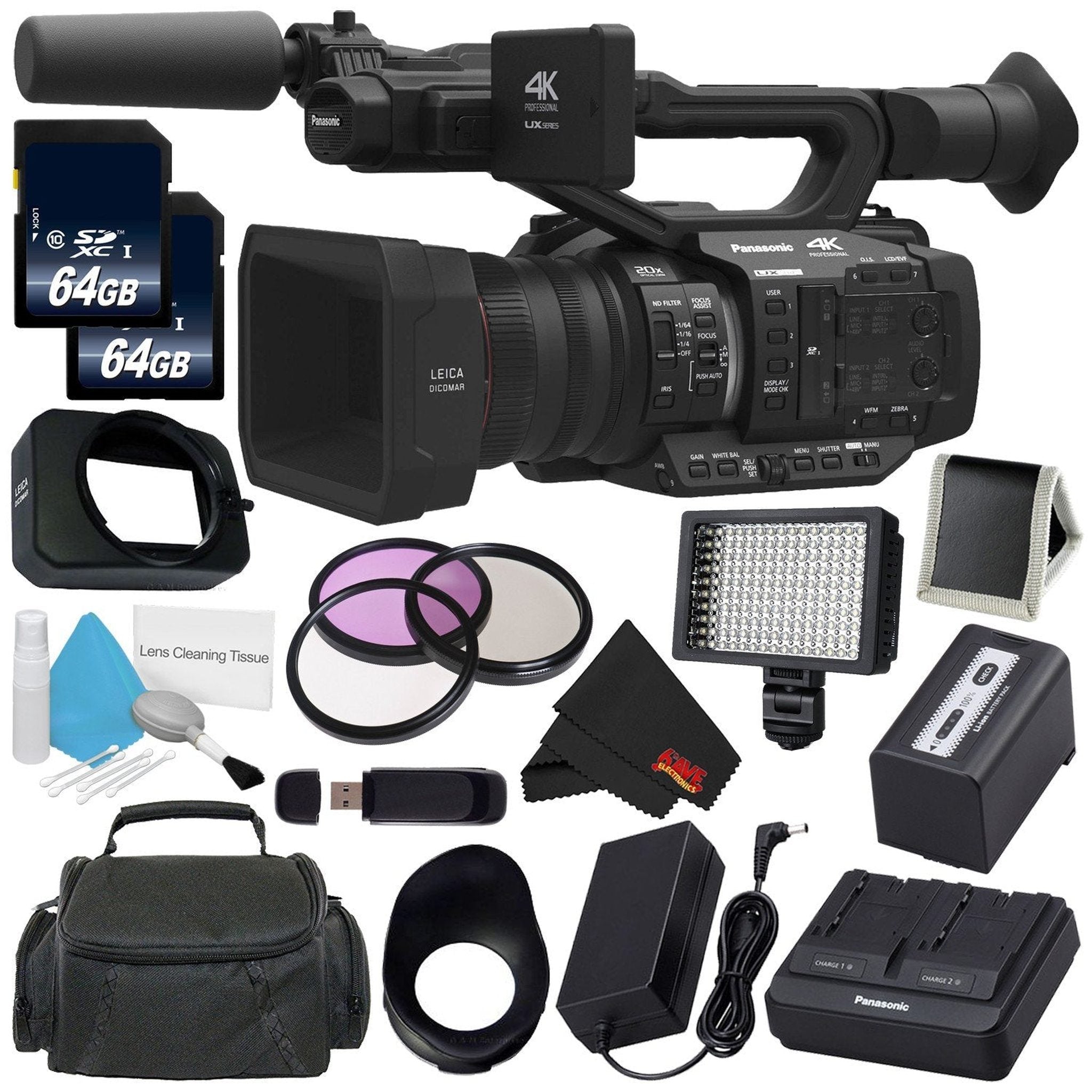 Panasonic AG-UX180 AG-UX180PJ 4K Premium Professional Camcorder + 64GB Memory Card + Carrying Case + 67mm 3 Piece Filter Kit + Professional 160 LED