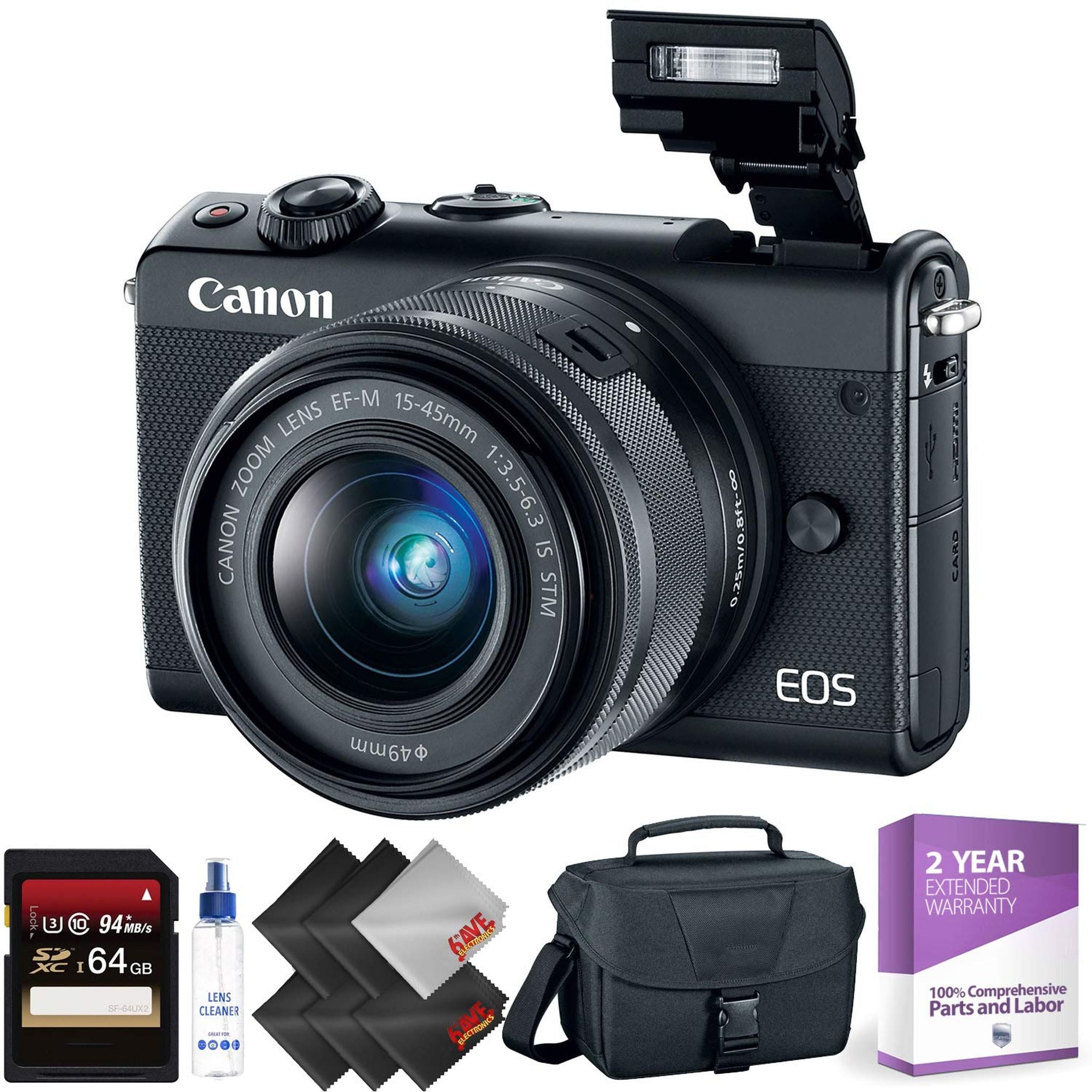 Canon EOS M100 Mirrorless Digital Camera with 15-45mm Lens Black + 64GB Memory Card + 2 Year Accidental Warranty