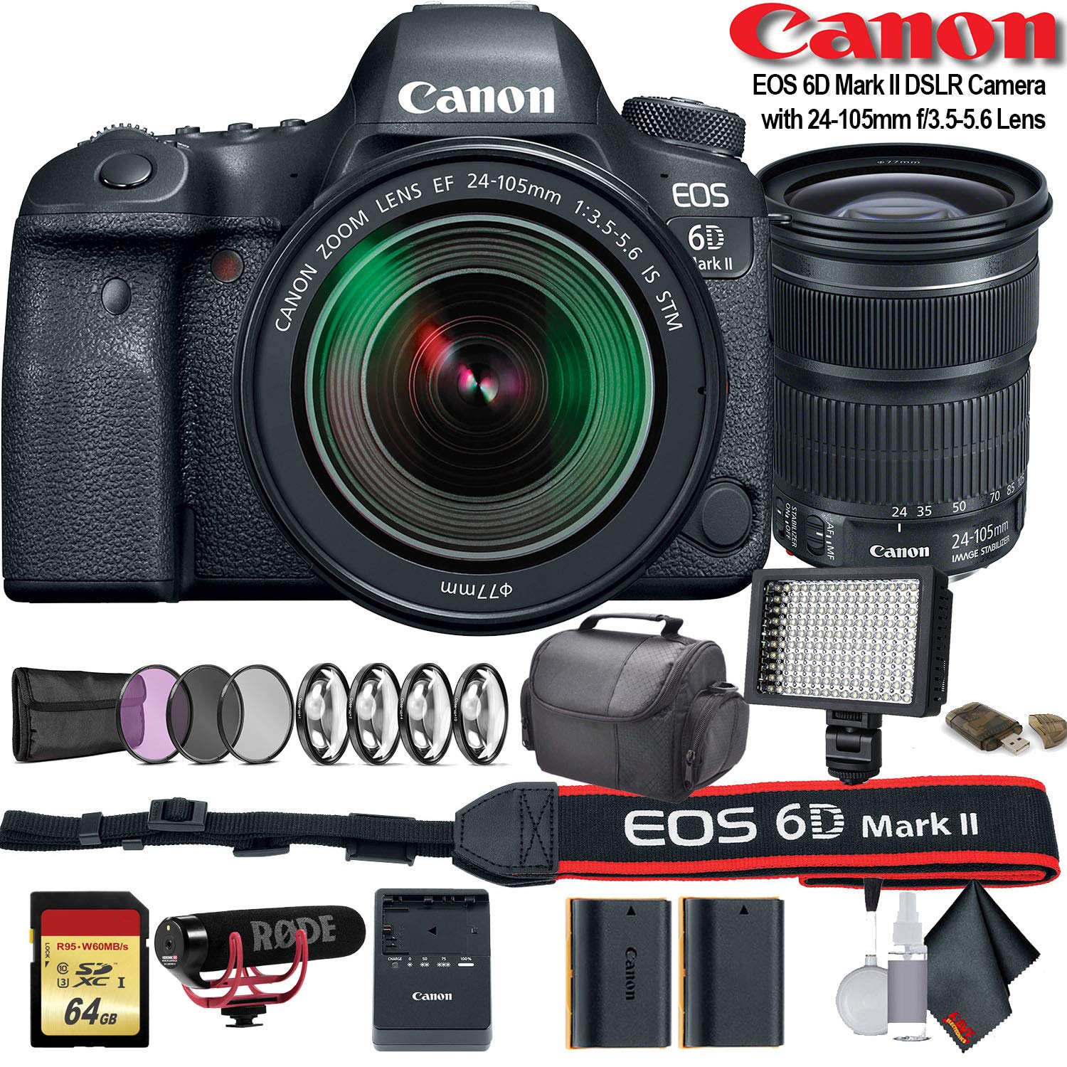 Canon EOS 6D Mark II DSLR Camera with 24-105mm f/3.5-5.6 Lens (International Model) (1897C021) W/Bag, Extra Battery, LED
