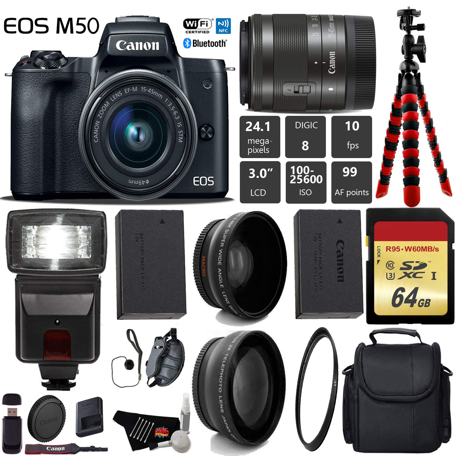Canon EOS M50 Mirrorless Digital Camera with 15-45mm Lens + Flash + UV FLD CPL Filter Kit + Wide Angle & Telephoto Lens